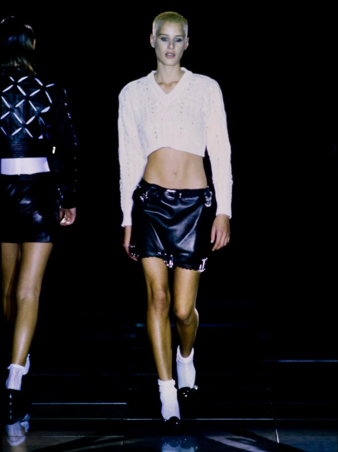 Women's S/S 1994 Gianni Versace Safety Pin Medusa Pierced Black Leather Belted Skirt For Sale