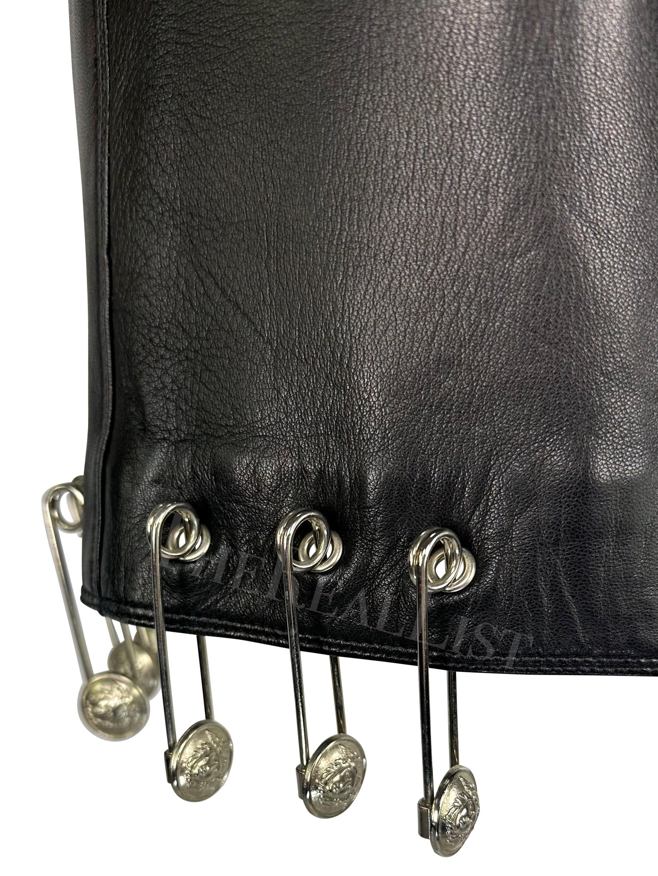 S/S 1994 Gianni Versace Safety Pin Medusa Pierced Black Leather Belted Skirt For Sale 1