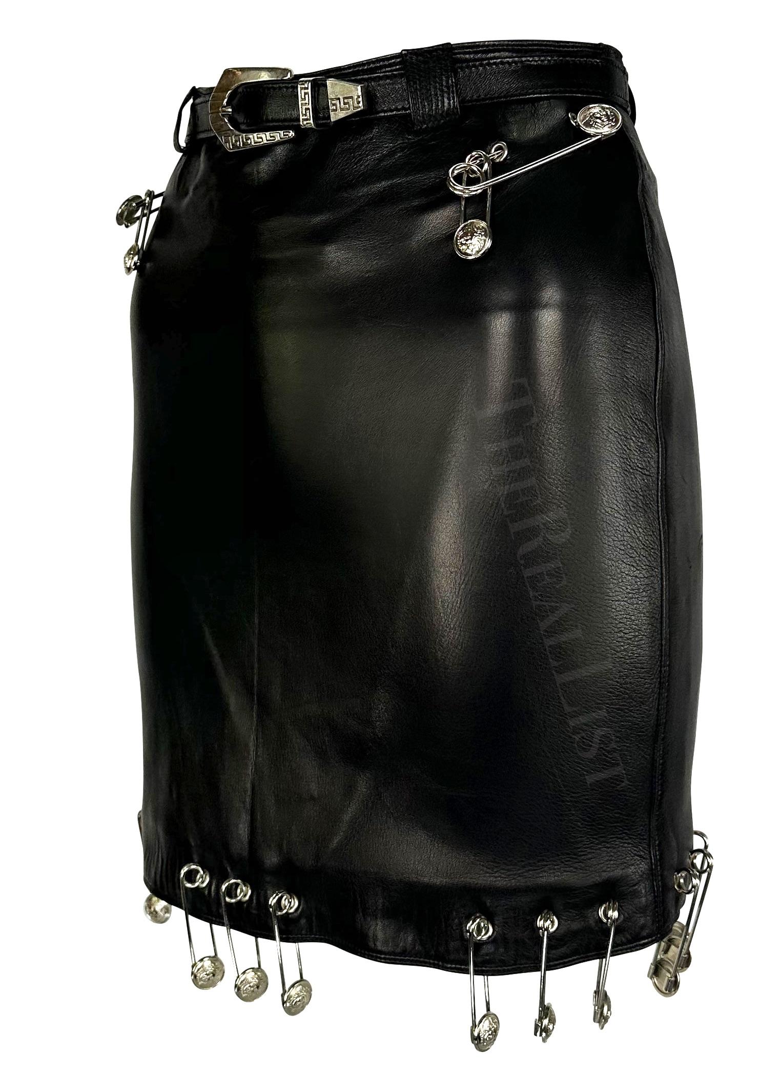 S/S 1994 Gianni Versace Safety Pin Medusa Pierced Black Leather Belted Skirt For Sale 3
