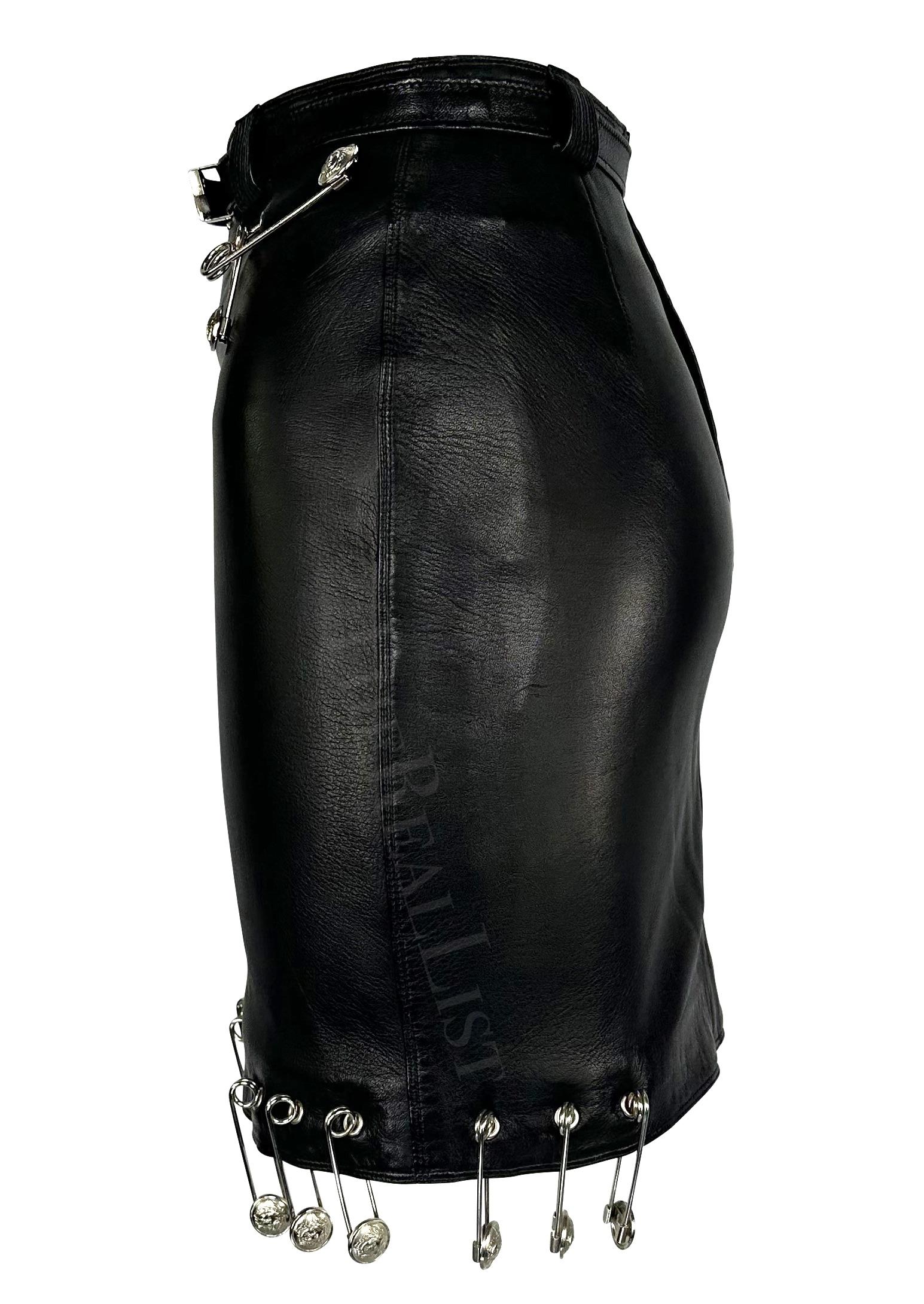 S/S 1994 Gianni Versace Safety Pin Medusa Pierced Black Leather Belted Skirt For Sale 5