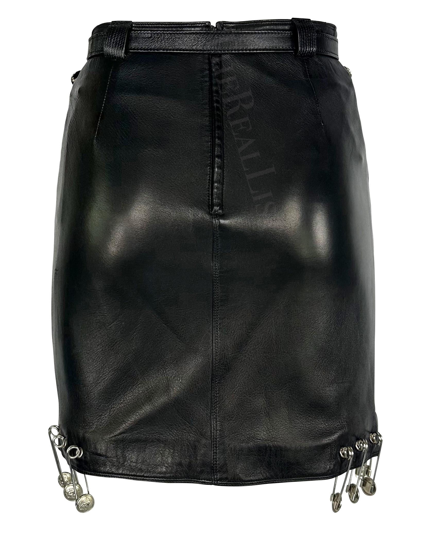 S/S 1994 Gianni Versace Safety Pin Medusa Pierced Black Leather Belted Skirt For Sale 6