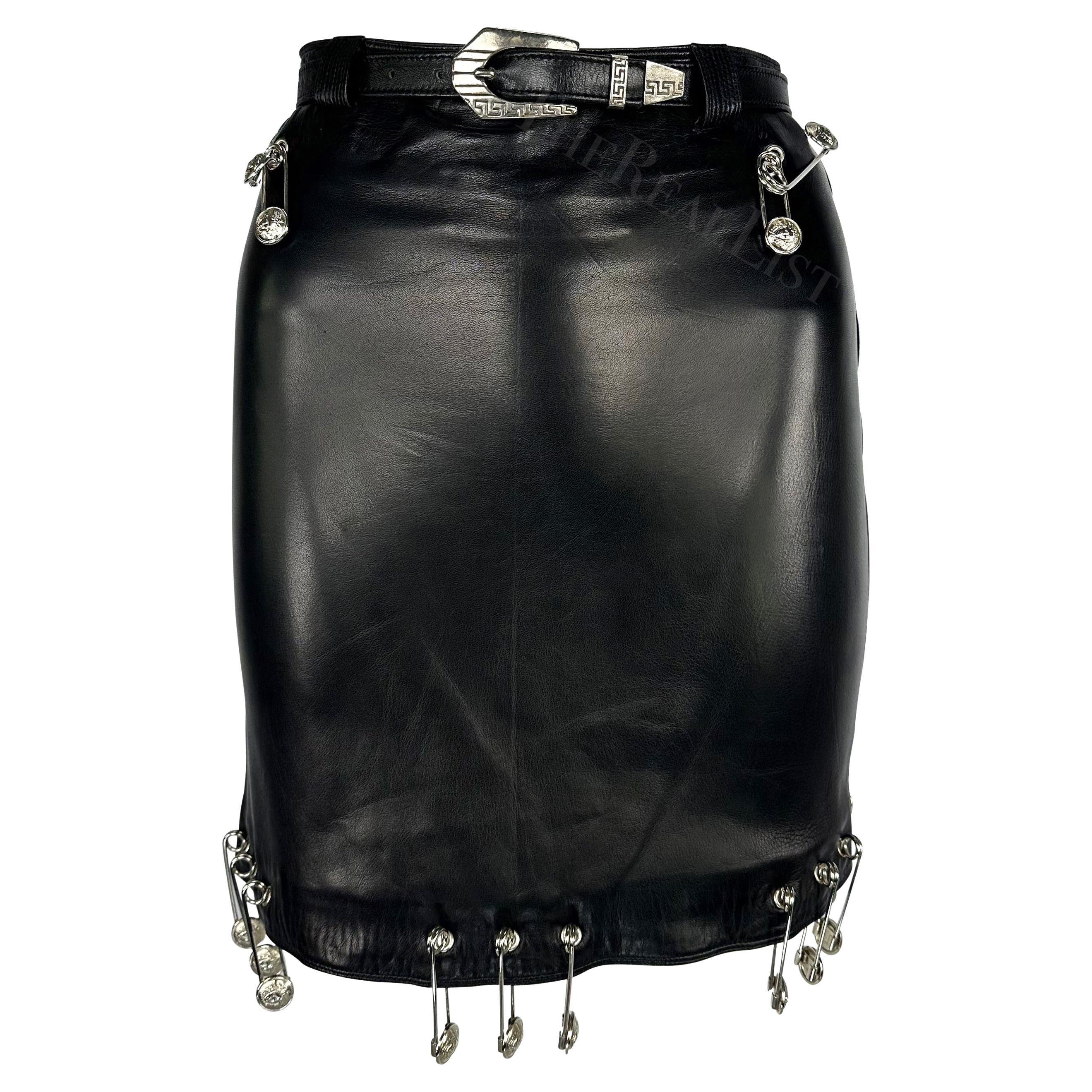 S/S 1994 Gianni Versace Safety Pin Medusa Pierced Black Leather Belted Skirt For Sale
