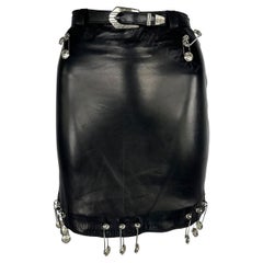 S/S 1994 Gianni Versace Safety Pin Medusa Pierced Black Leather Belted Skirt