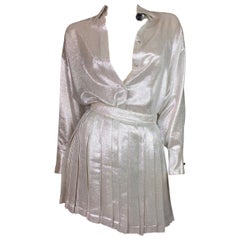 S/S 1994 Gianni Versace Silver Button Down Blouse & Pleated Skirt Set