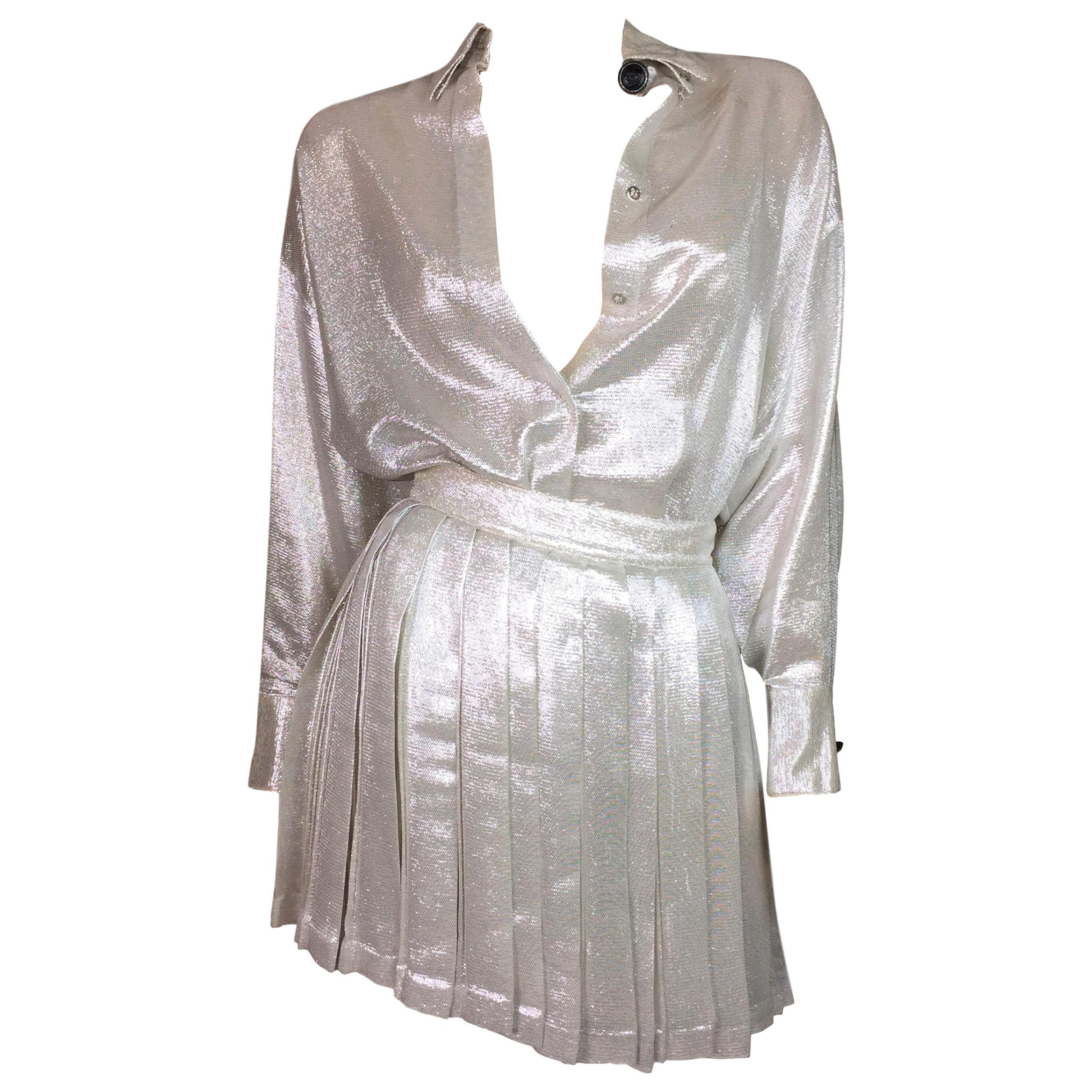 S/S 1994 Gianni Versace Silver Button Down Blouse 
Pleated Skirt Set
