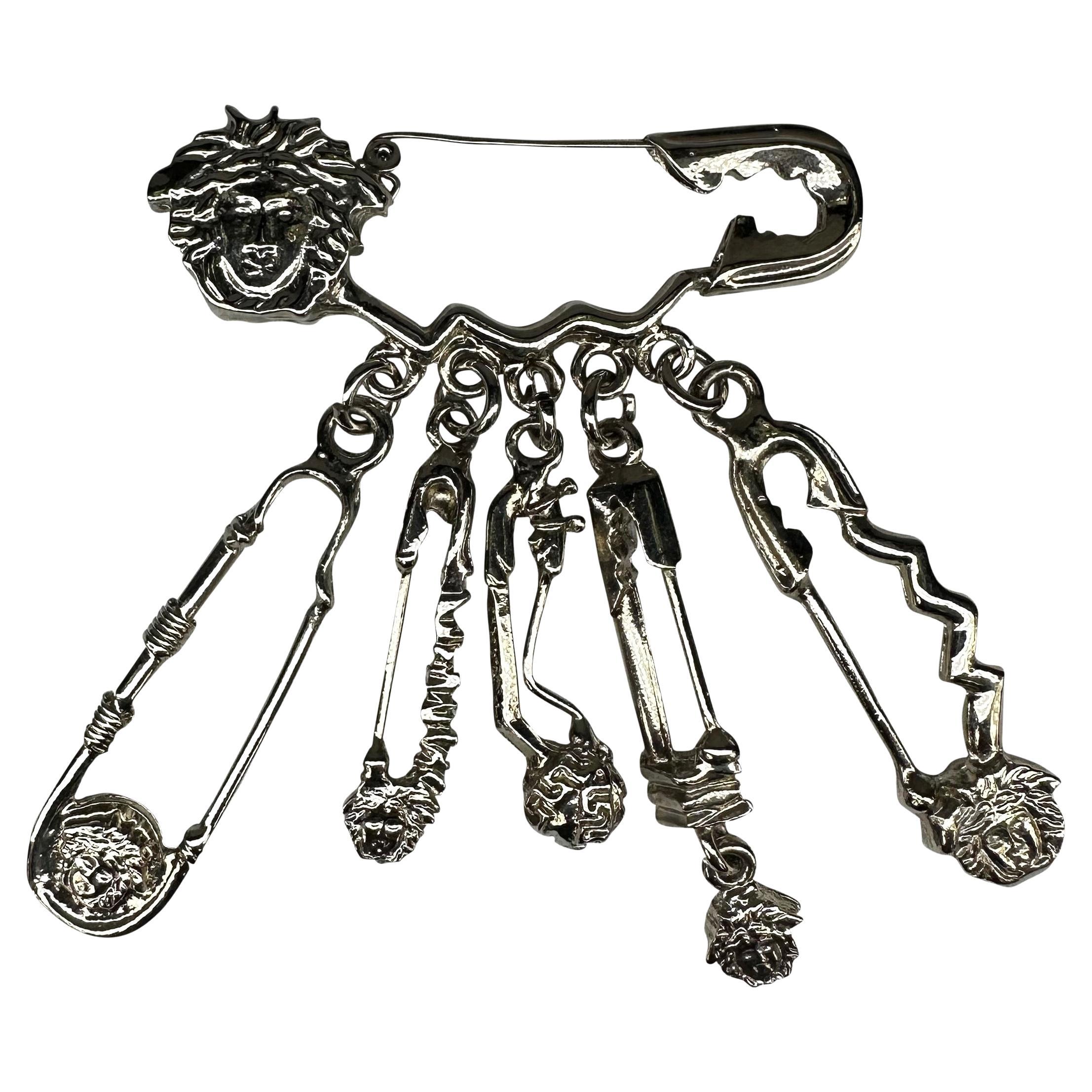 S/S 1994 Gianni Versace Silver Tone Medusa Logo Safety Pin Costume Brooch  For Sale