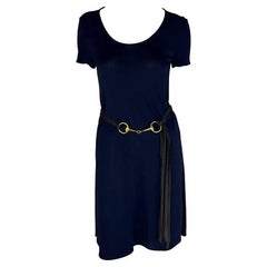 S/S 1994 Gucci Vestido Camisero Semi Transparente Azul Marino con Cinturón Horsebit Dorado