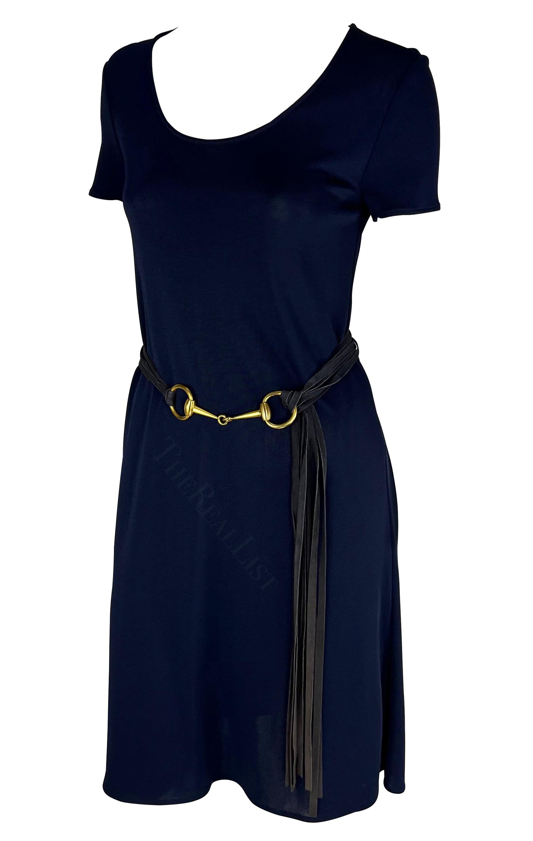 S/S 1994 Gucci Navy Semi Sheer Shift Dress with Gold Horsebit Belt In Excellent Condition For Sale In West Hollywood, CA