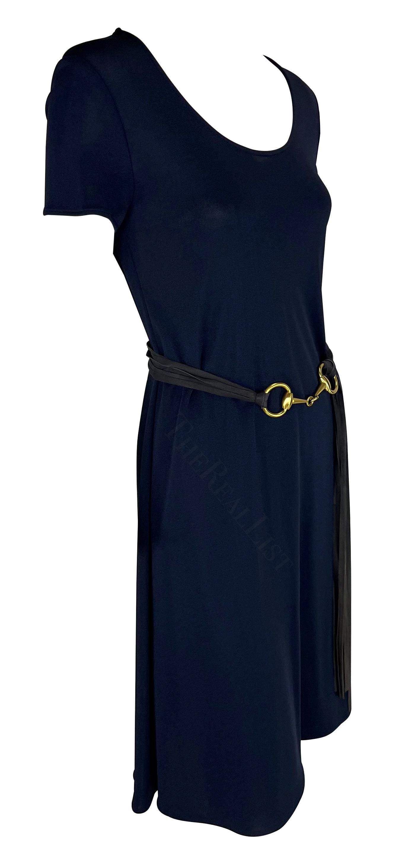 S/S 1994 Gucci Navy Semi Sheer Shift Dress with Gold Horsebit Belt For Sale 1