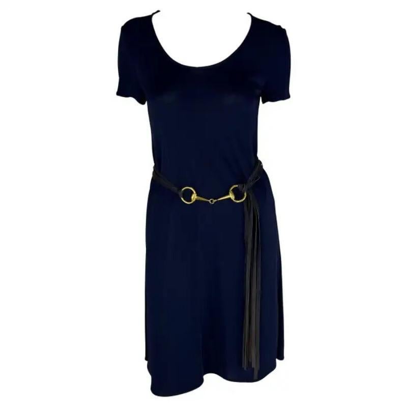 F/S 1994 Gucci Marineblaues halbdurchsichtiges Etuikleid mit goldenem Horsebit-Gürtel im Angebot