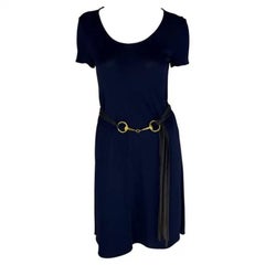Vintage S/S 1994 Gucci Navy Semi Sheer Shift Dress with Gold Horsebit Belt