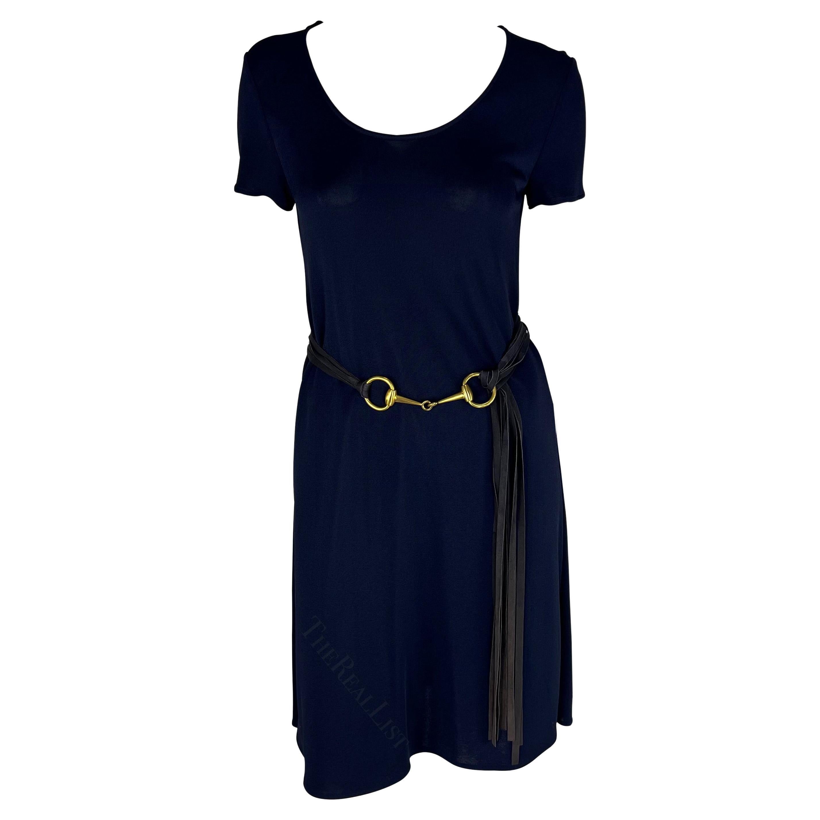 S/S 1994 Gucci Navy Semi Sheer Shift Dress with Gold Horsebit Belt For Sale