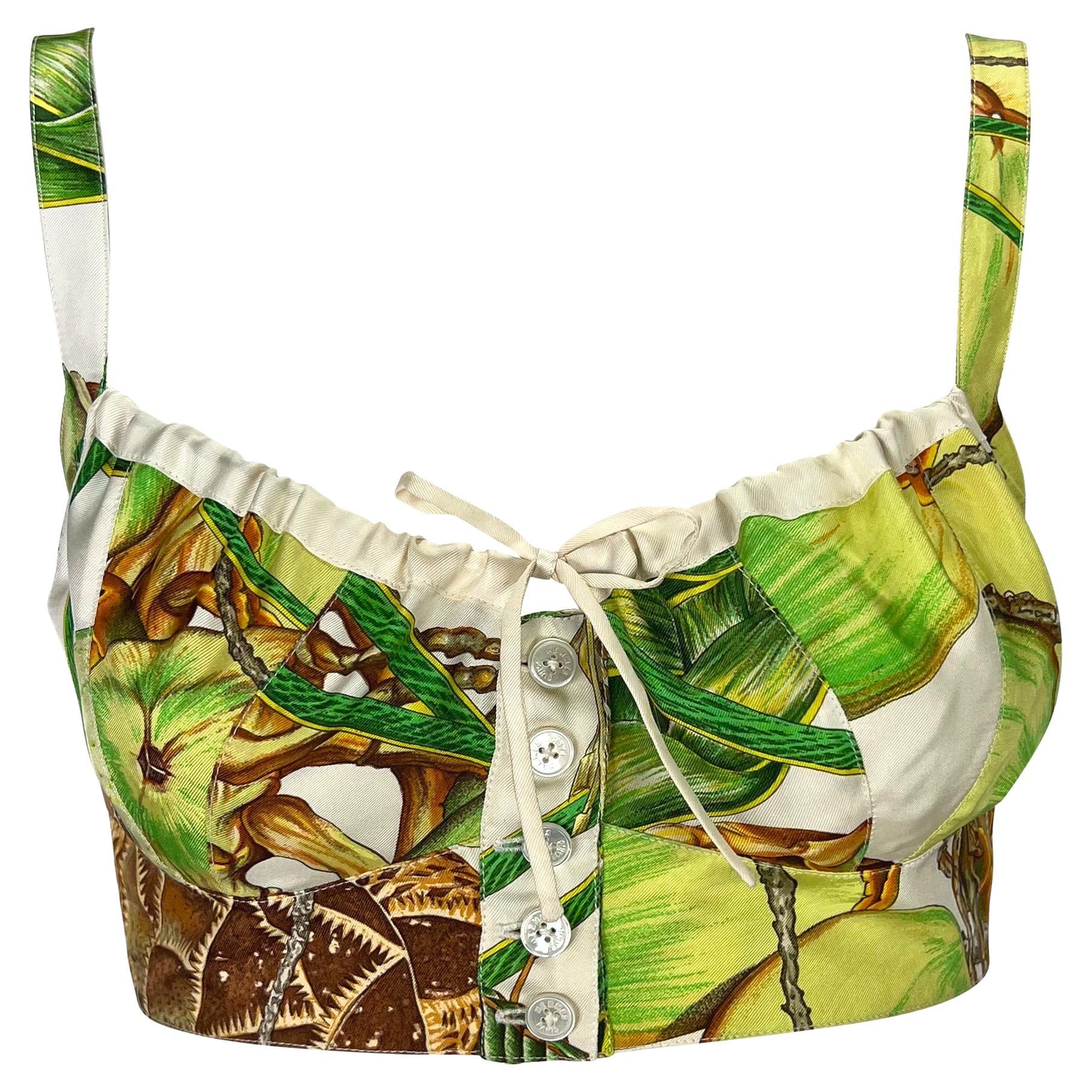 S/S 1994 Hermès Laufsteg Jardin Créole Druck Weiß Grün Seide Bralette Crop Top