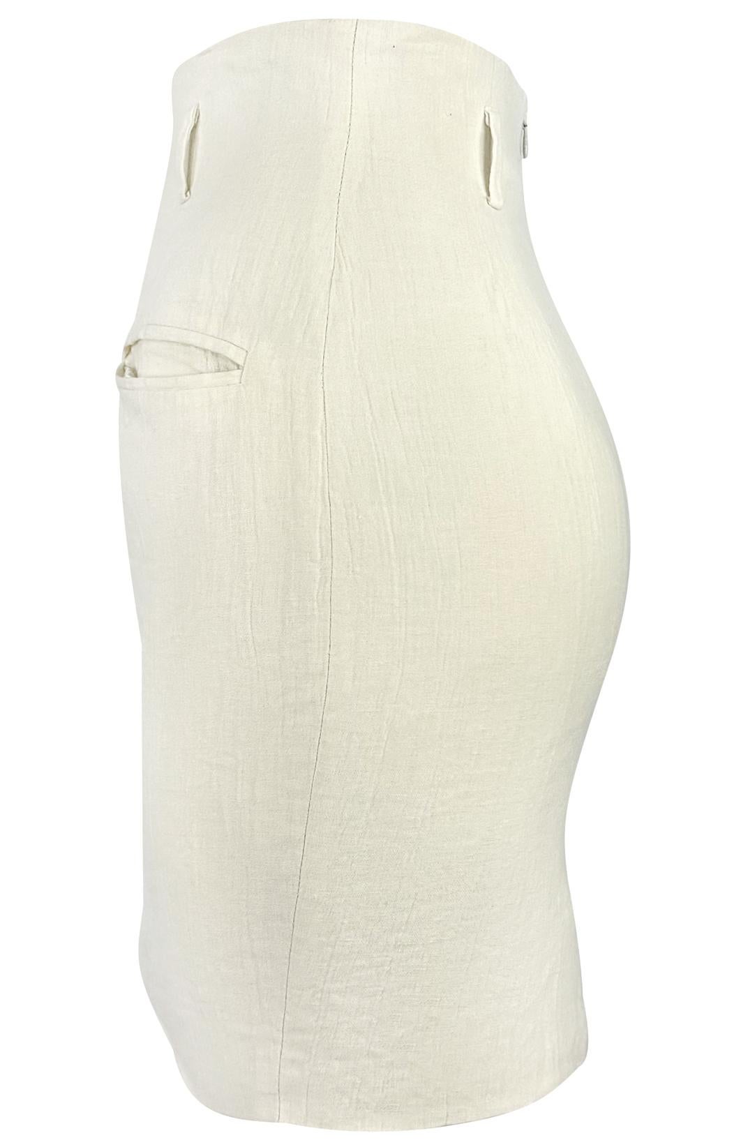 S/S 1994 Norma Kamali Runway Crinkled Off-White Linen Cropped Vest Skirt Set For Sale 4
