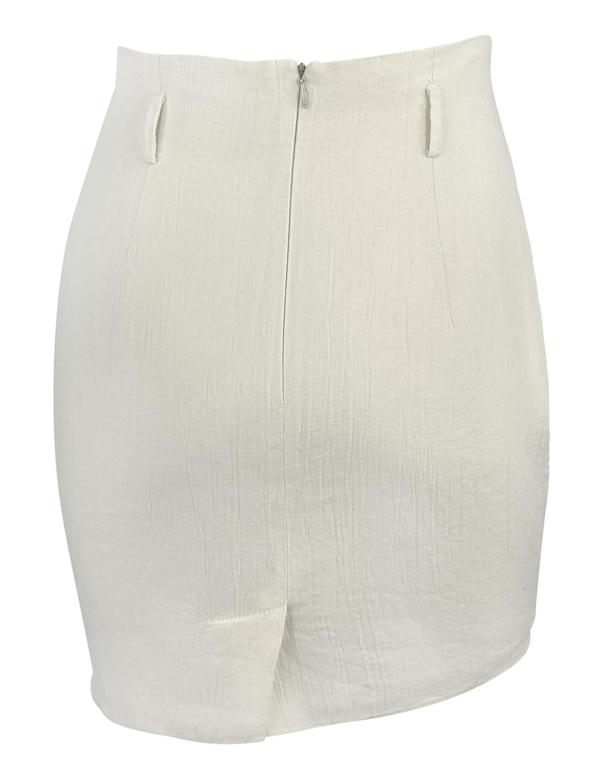 S/S 1994 Norma Kamali Runway Crinkled Off-White Linen Cropped Vest Skirt Set For Sale 5