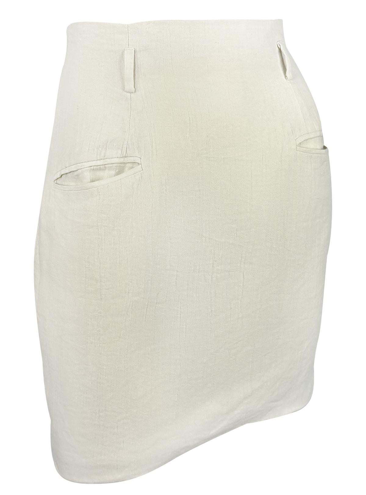 S/S 1994 Norma Kamali Runway Crinkled Off-White Linen Cropped Vest Skirt Set For Sale 6