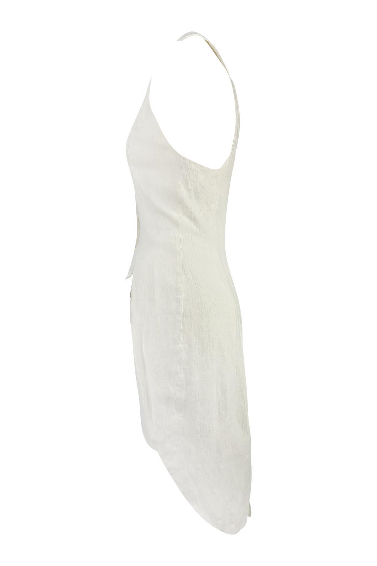 Beige S/S 1994 Norma Kamali Runway Crinkled Off-White Linen Cropped Vest Skirt Set For Sale