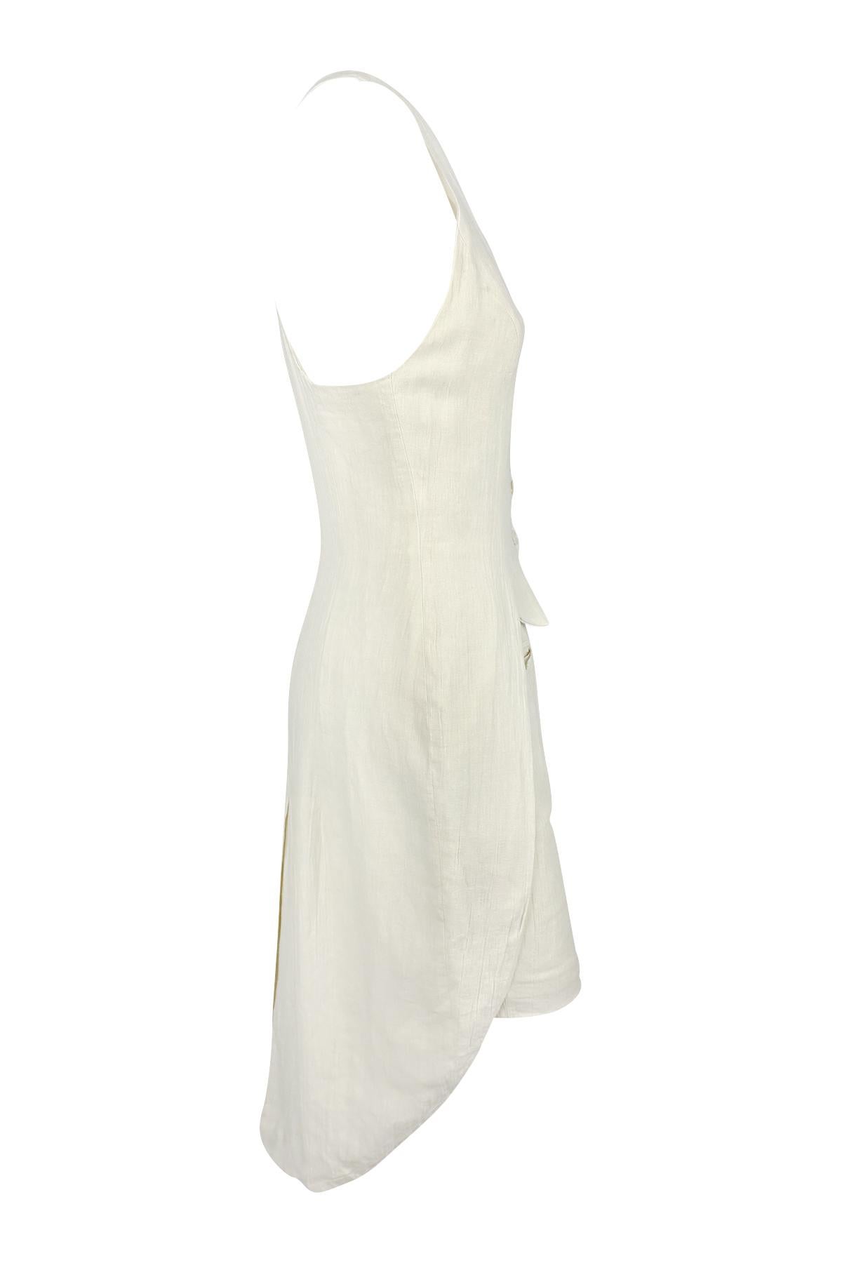 Women's S/S 1994 Norma Kamali Runway Crinkled Off-White Linen Cropped Vest Skirt Set For Sale