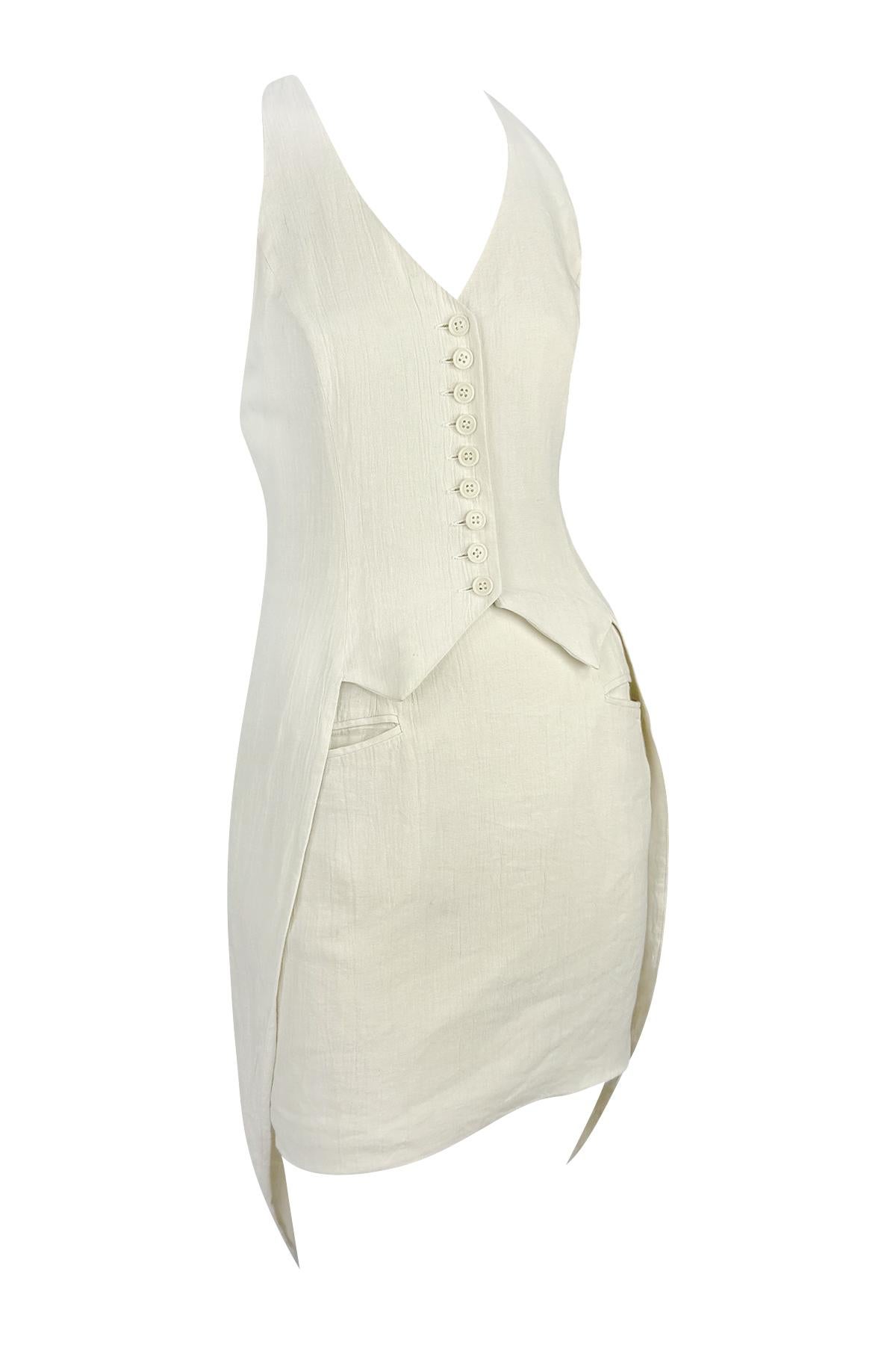 S/S 1994 Norma Kamali Runway Crinkled Off-White Linen Cropped Vest Skirt Set For Sale 1
