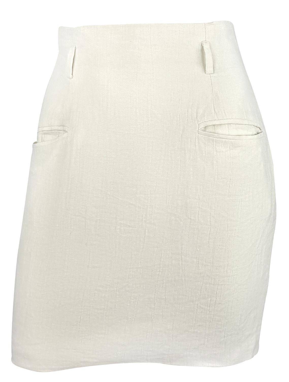 S/S 1994 Norma Kamali Runway Crinkled Off-White Linen Cropped Vest Skirt Set For Sale 2