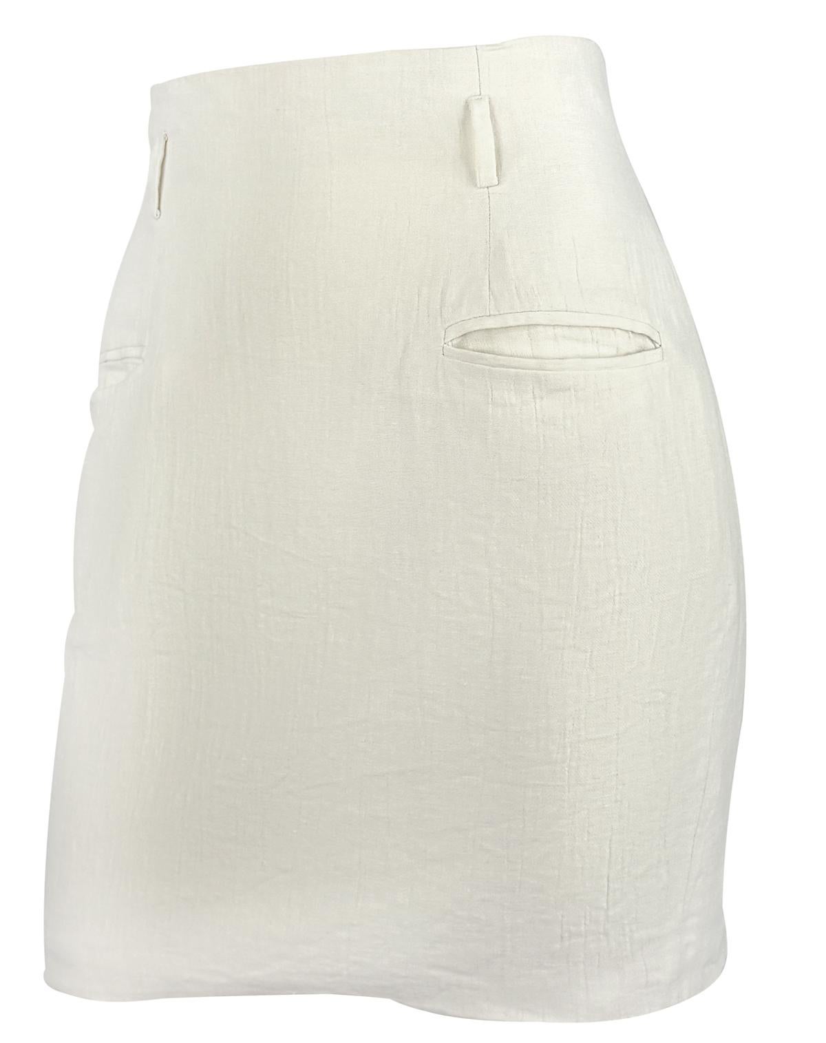 S/S 1994 Norma Kamali Runway Crinkled Off-White Linen Cropped Vest Skirt Set For Sale 3