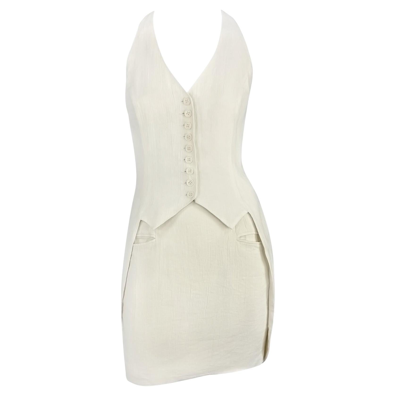 F/S 1994 Norma Kamali Laufsteg gekräuselt Off-White Leinen Cropped Weste Rock Set