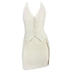 F/S 1994 Norma Kamali Laufsteg gekräuselt Off-White Leinen Cropped Weste Rock Set