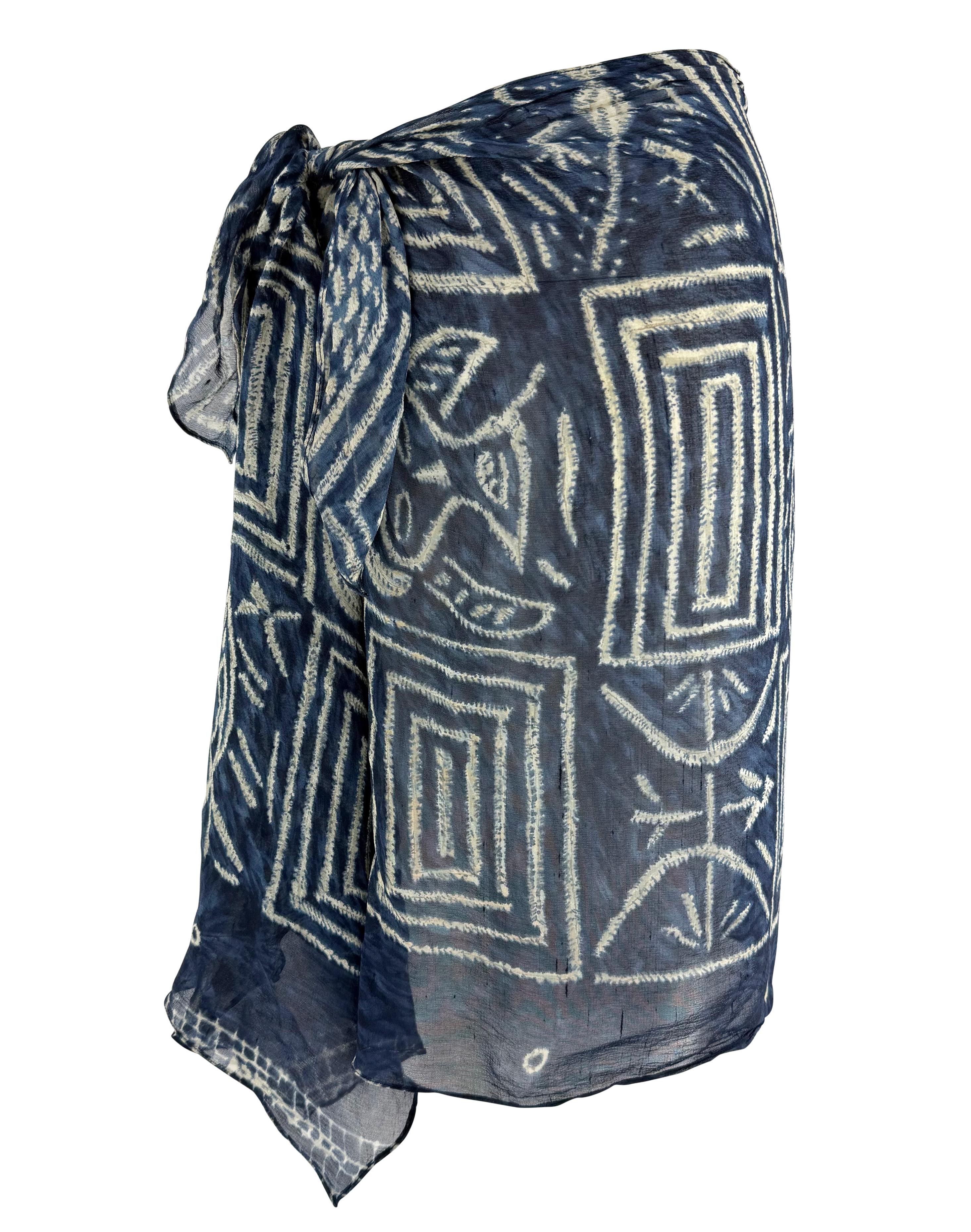 Black S/S 1994 Ralph Lauren Sheer Blue White Printed Silk Chiffon Wrap Mini Skirt For Sale