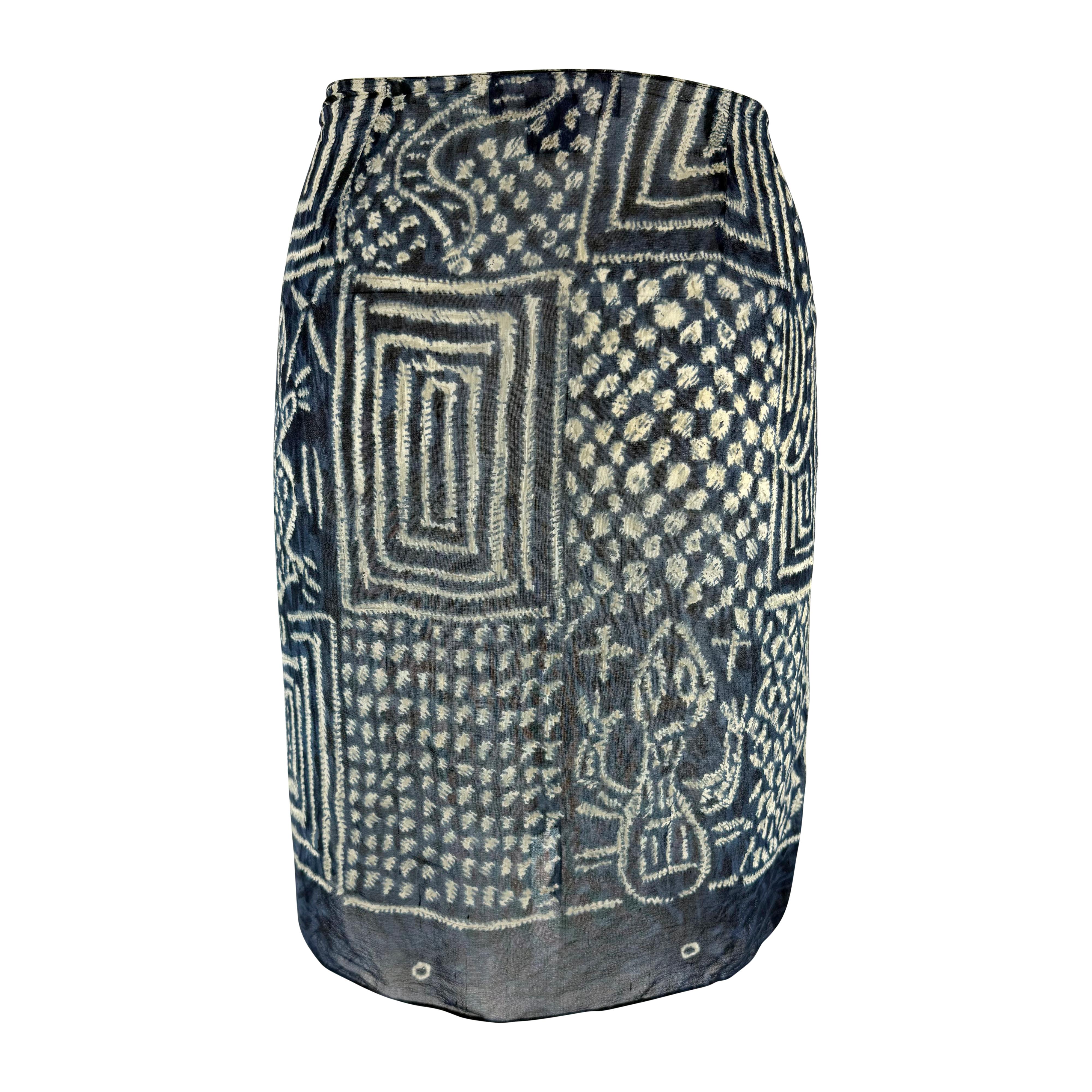 Women's S/S 1994 Ralph Lauren Sheer Blue White Printed Silk Chiffon Wrap Mini Skirt For Sale