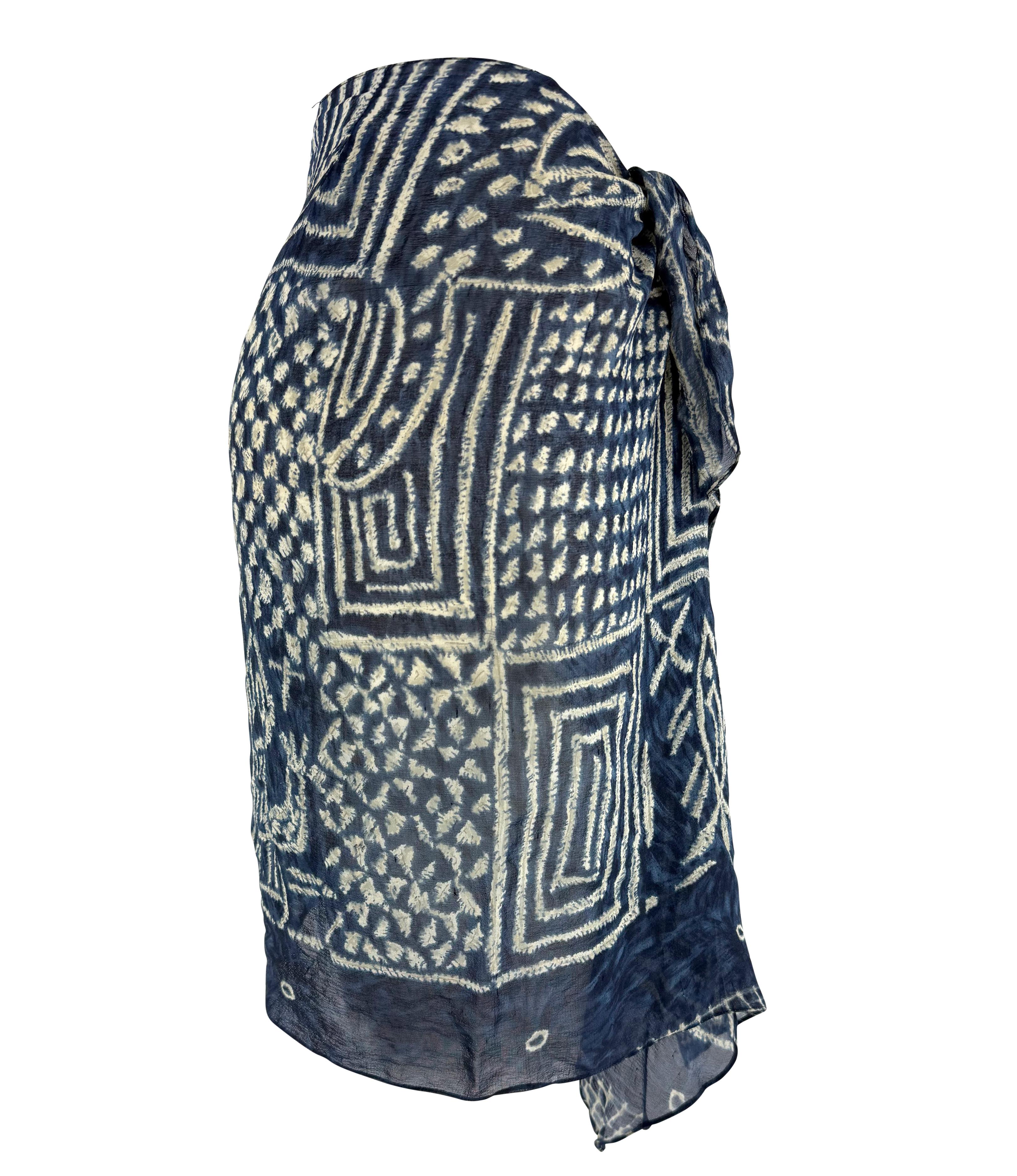 S/S 1994 Ralph Lauren Sheer Blue White Printed Silk Chiffon Wrap Mini Skirt For Sale 1