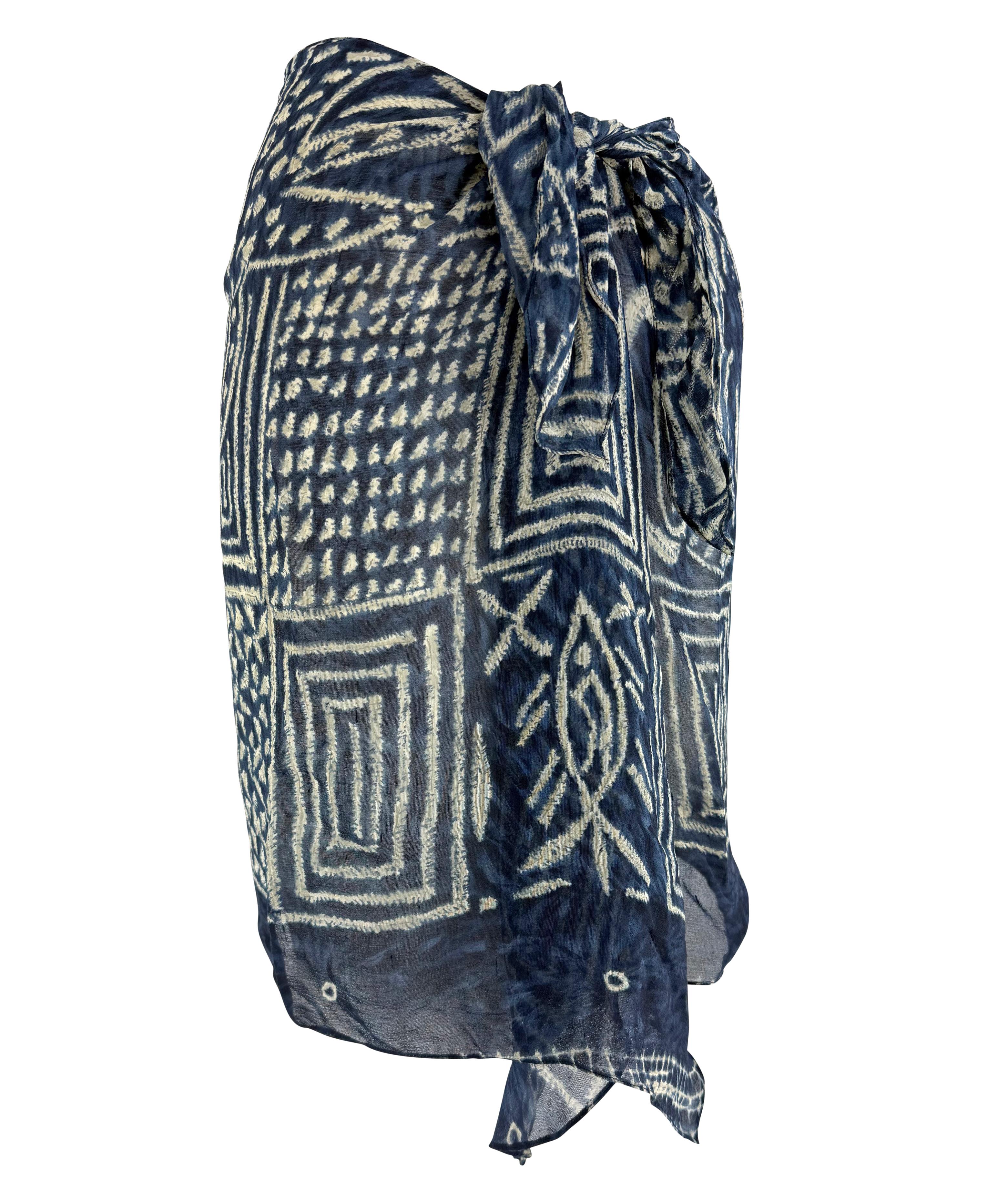 S/S 1994 Ralph Lauren Sheer Blue White Printed Silk Chiffon Wrap Mini Skirt For Sale 2