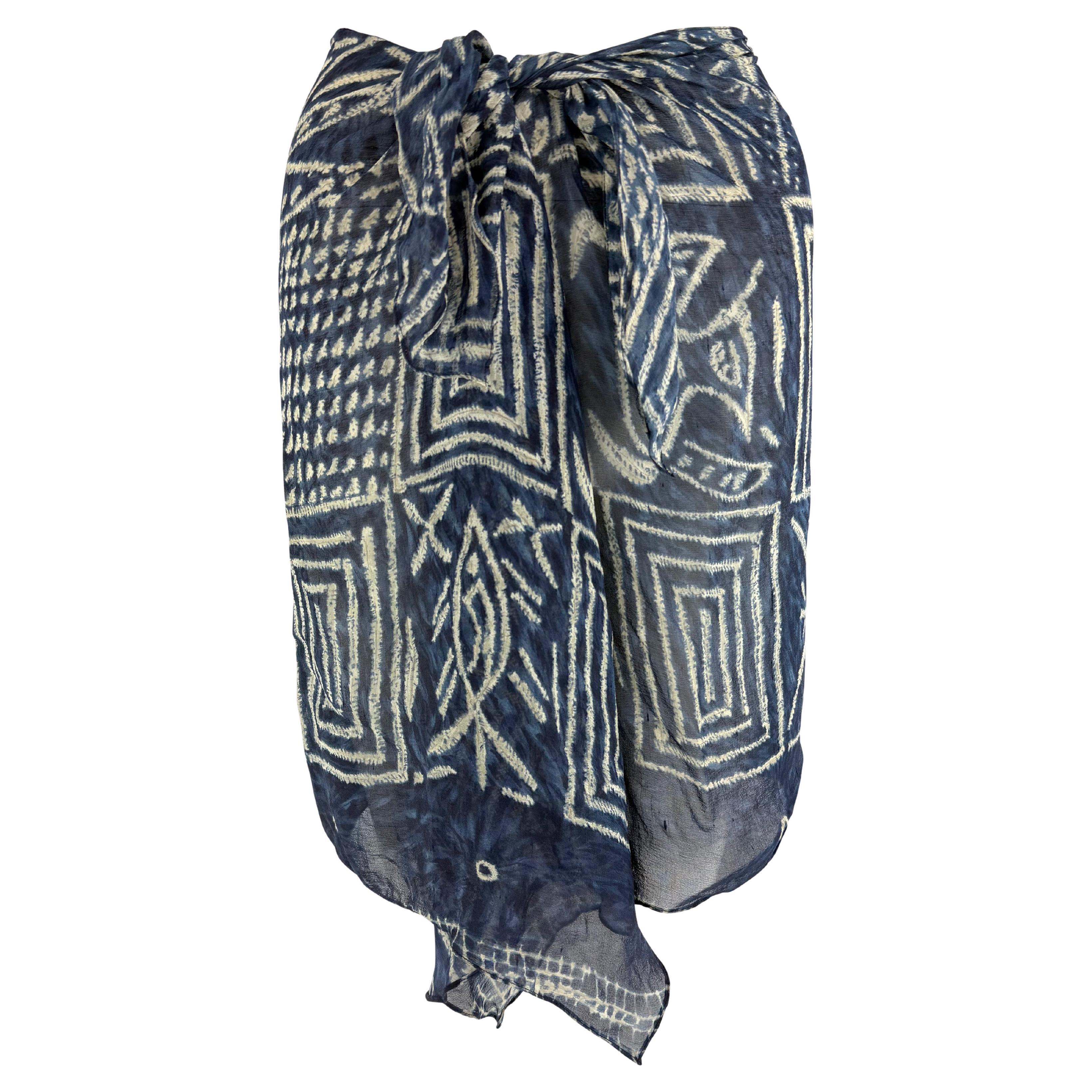 S/S 1994 Ralph Lauren Sheer Blue White Printed Silk Chiffon Wrap Mini Skirt For Sale