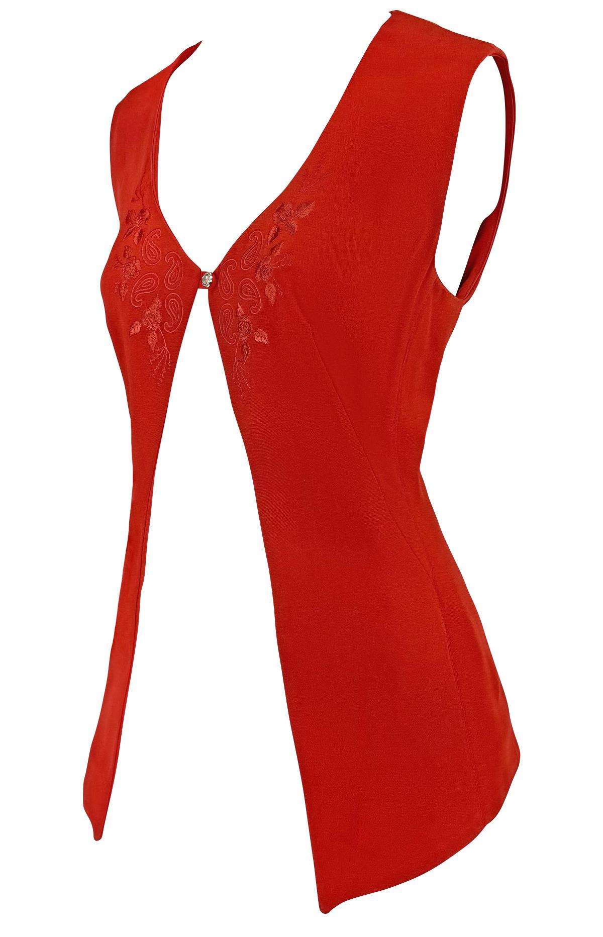 Haut rouge Rifat Ozbek ouvert sur le devant brodé de strass, P/E 1994 Excellent état - En vente à West Hollywood, CA