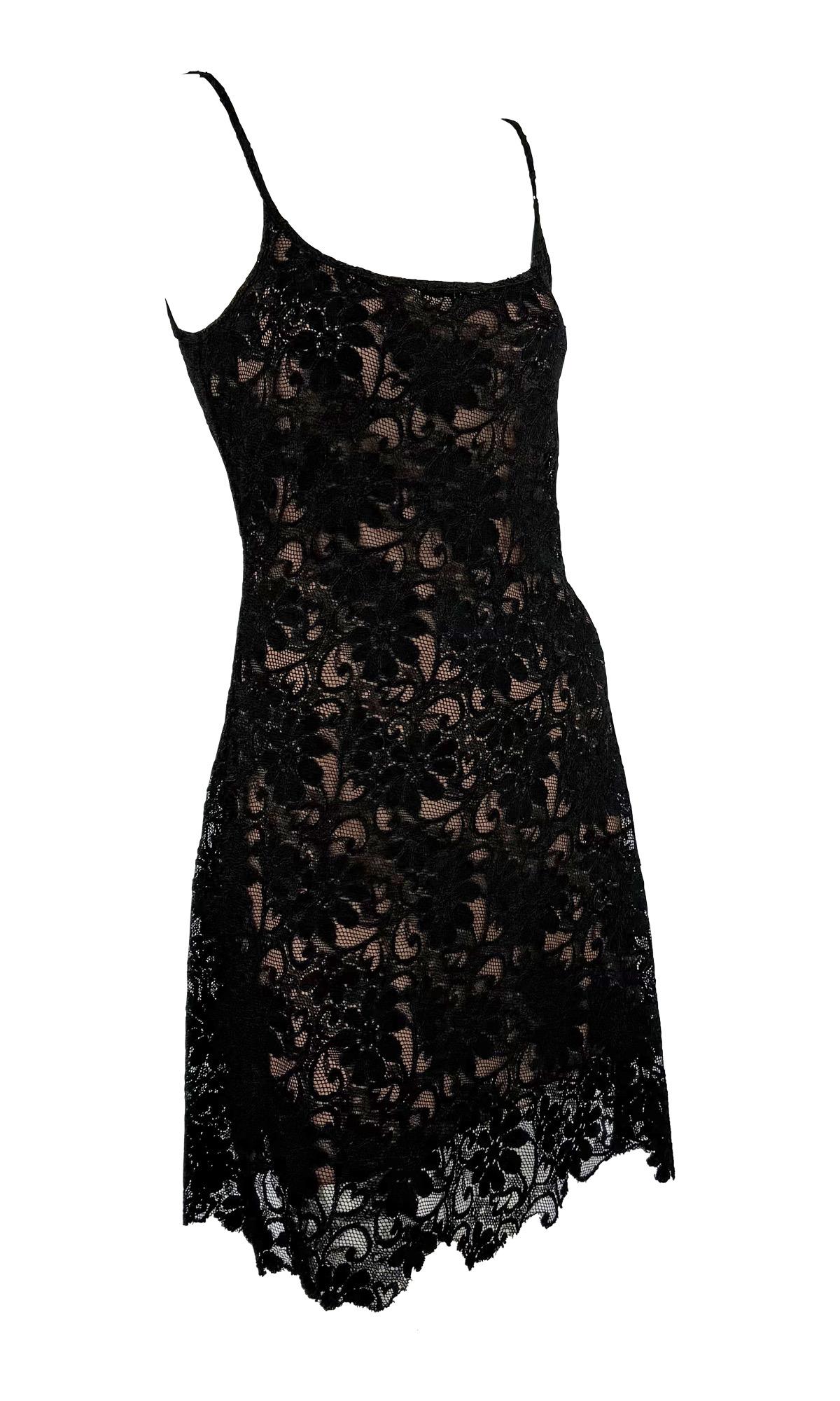 S/S 1994 Rifat Ozbek Runway Black Floral Lace Brown Slip Flare Mini Dress For Sale 6