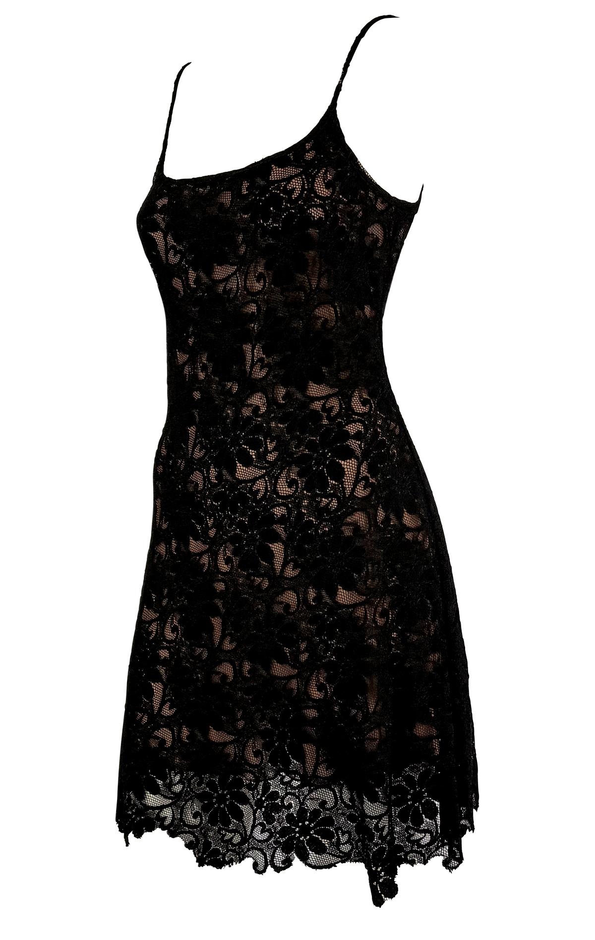 Women's S/S 1994 Rifat Ozbek Runway Black Floral Lace Brown Slip Flare Mini Dress For Sale