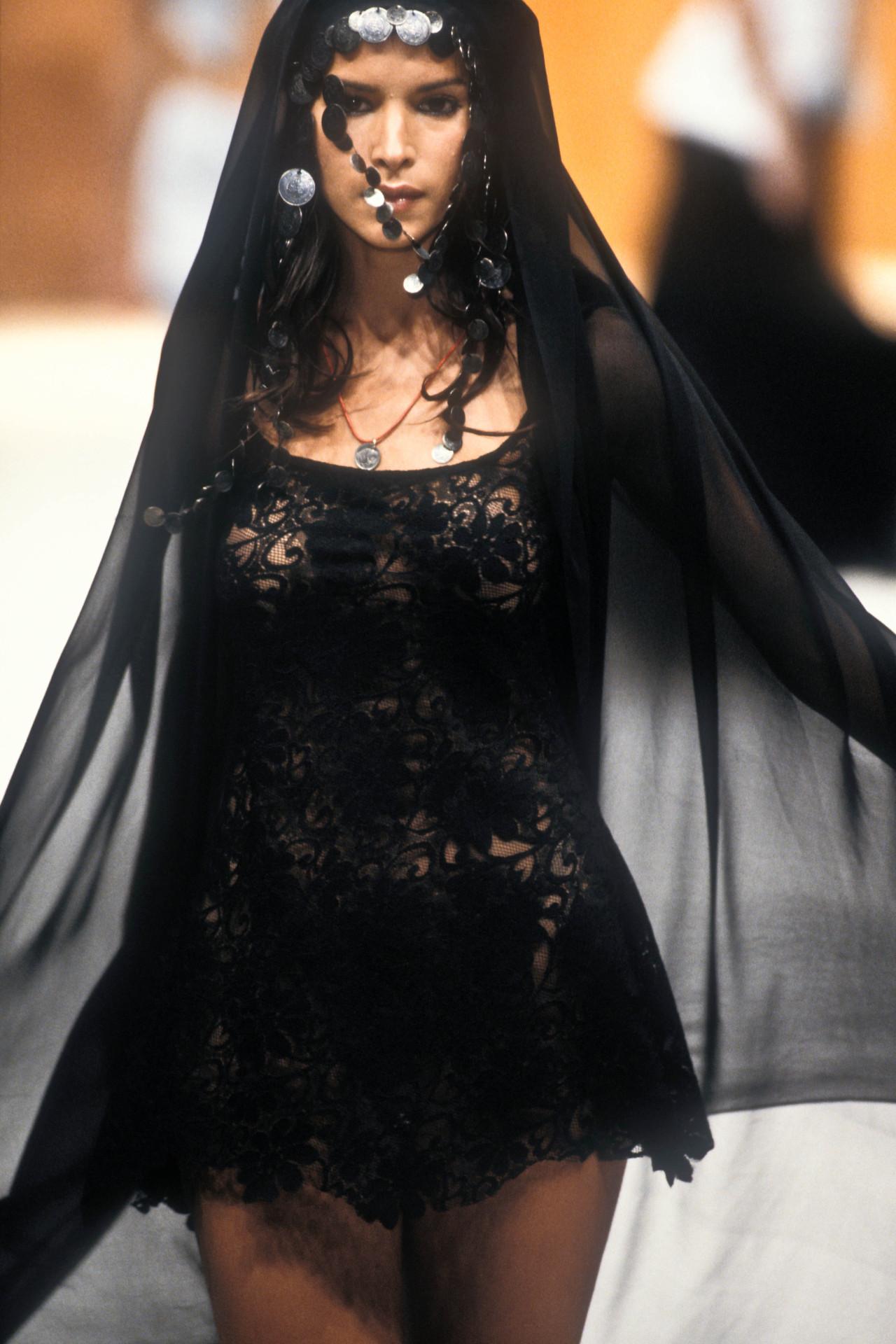 S/S 1994 Rifat Ozbek Runway Black Floral Lace Brown Slip Flare Mini Dress For Sale 1