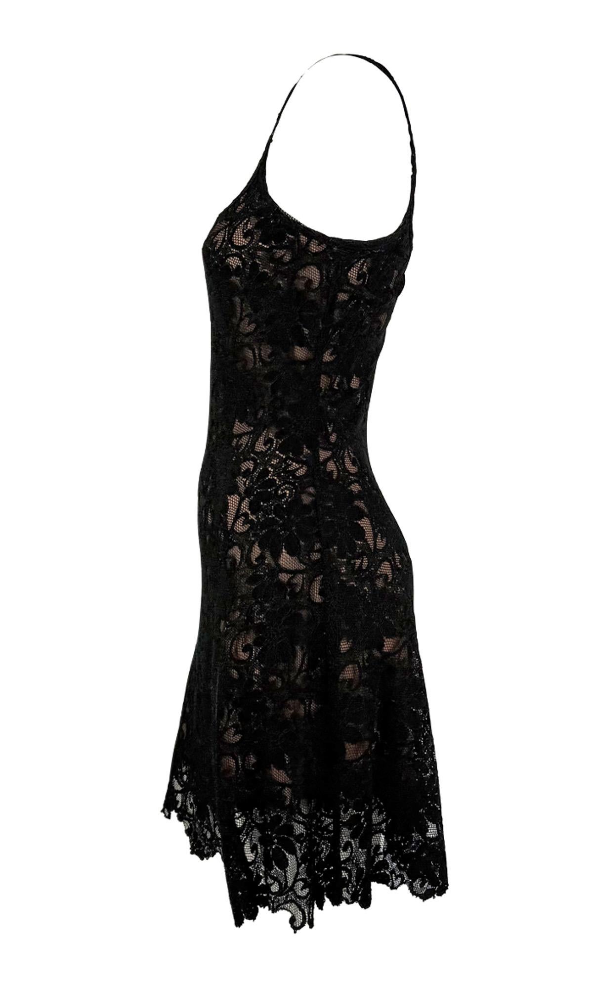 S/S 1994 Rifat Ozbek Runway Black Floral Lace Brown Slip Flare Mini Dress For Sale 3