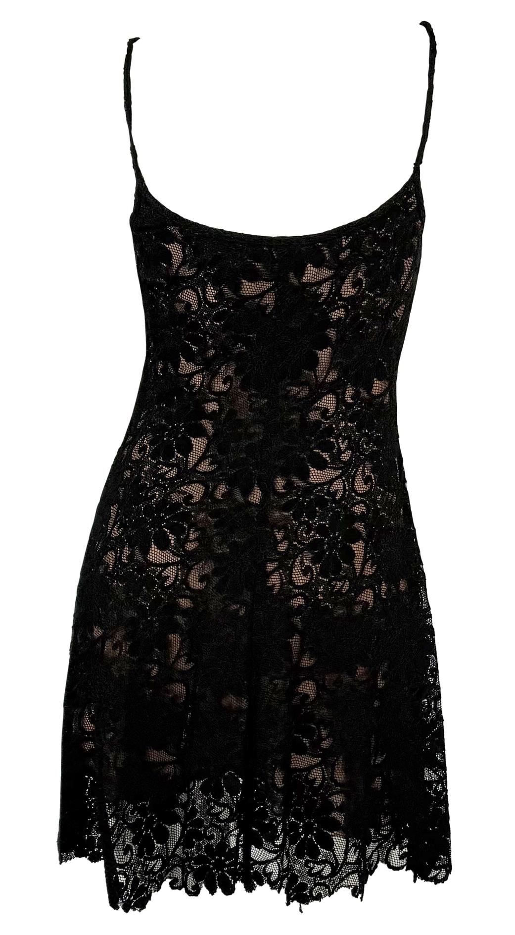 S/S 1994 Rifat Ozbek Runway Black Floral Lace Brown Slip Flare Mini Dress For Sale 4