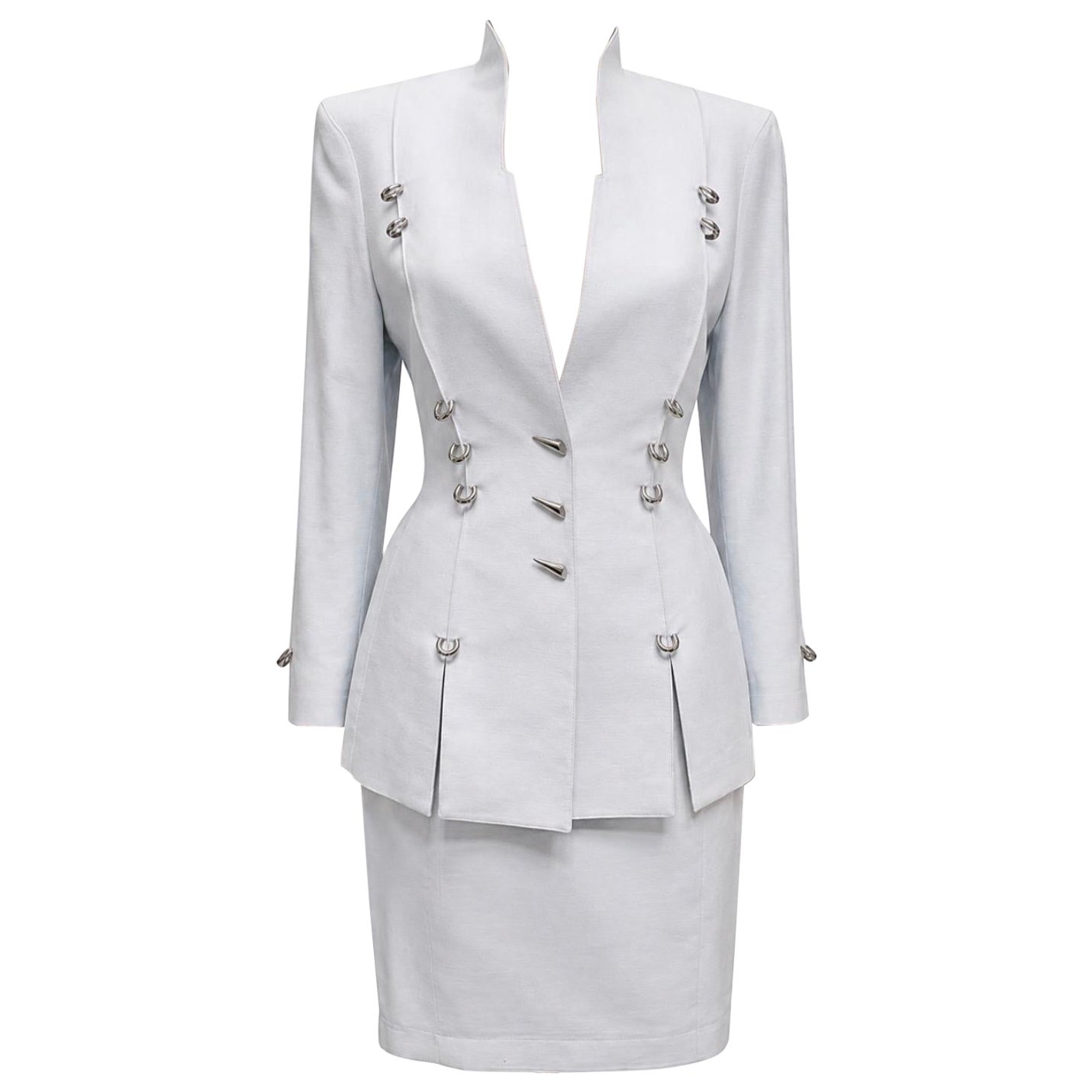 S/S 1994 Thierry Mugler Pierced Metal Icy Blue Skirt Suit