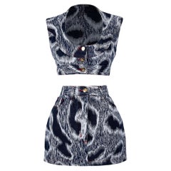 S/S 1994 Vivienne Westwood Blue Leopard Print Denim Skirt Set