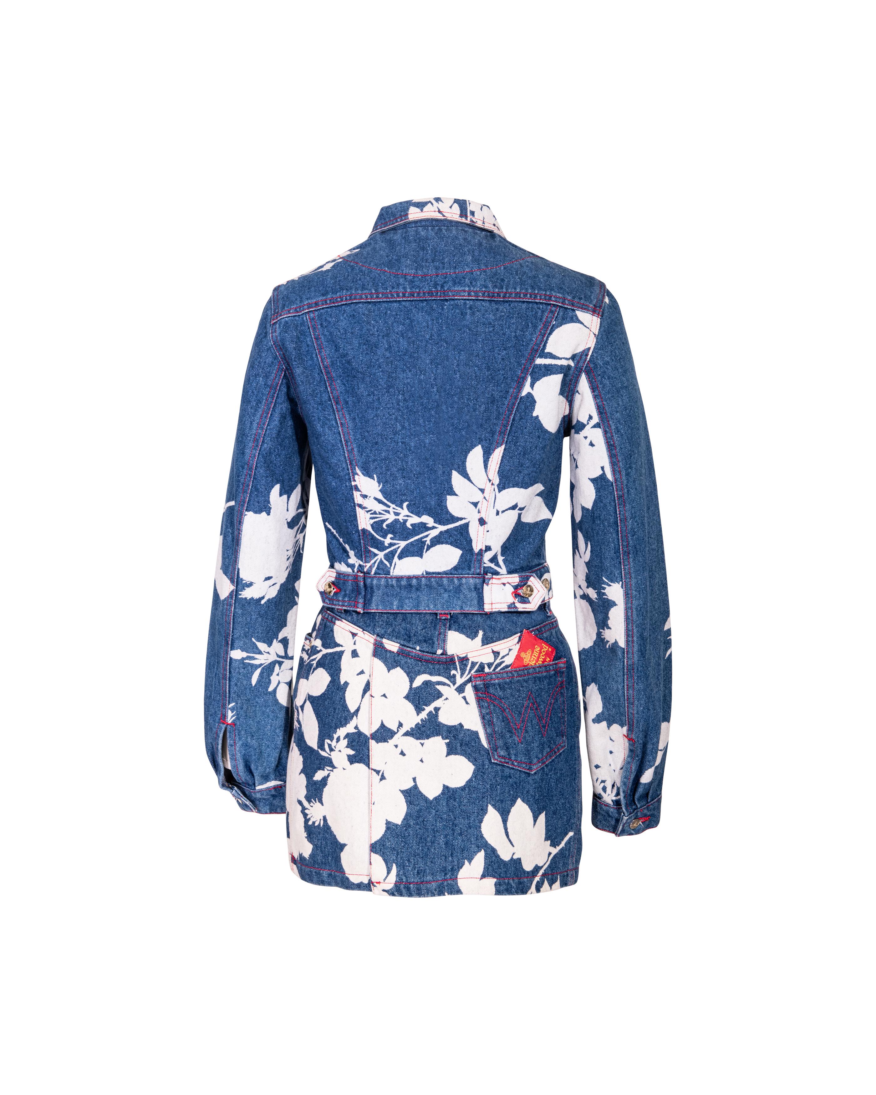 Blue S/S 1994 Vivienne Westwood Denim Skirt Set with Bleached Floral Pattern For Sale