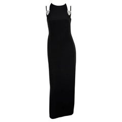 S/S 1995 Bill Blass Runway Black Silk Rhinestone Brooch Double Strap Gown