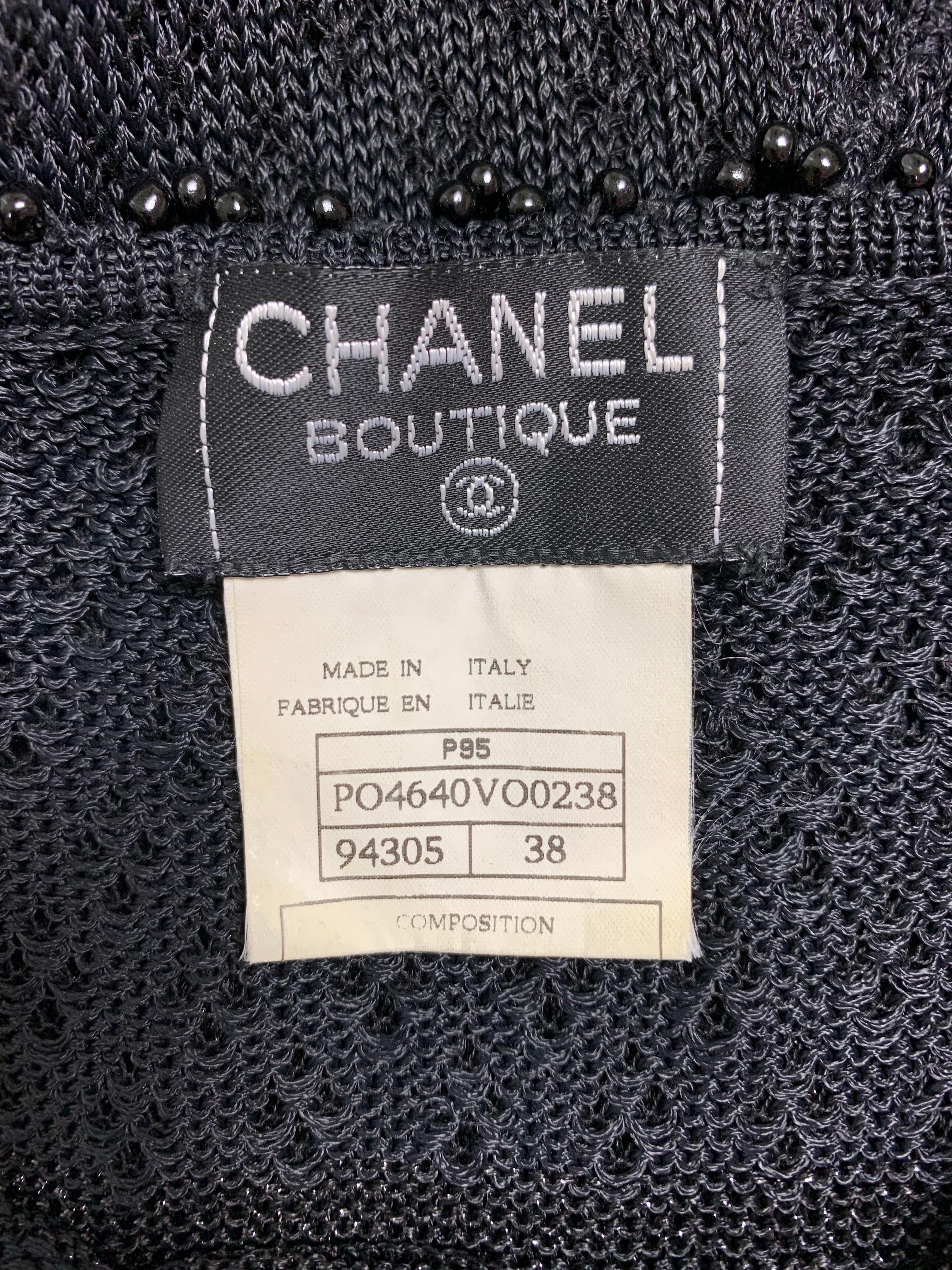 S/S 1995 Chanel Karl Lagerfeld Runway Sheer Black Knit Beaded Mini Dress In Good Condition In Yukon, OK