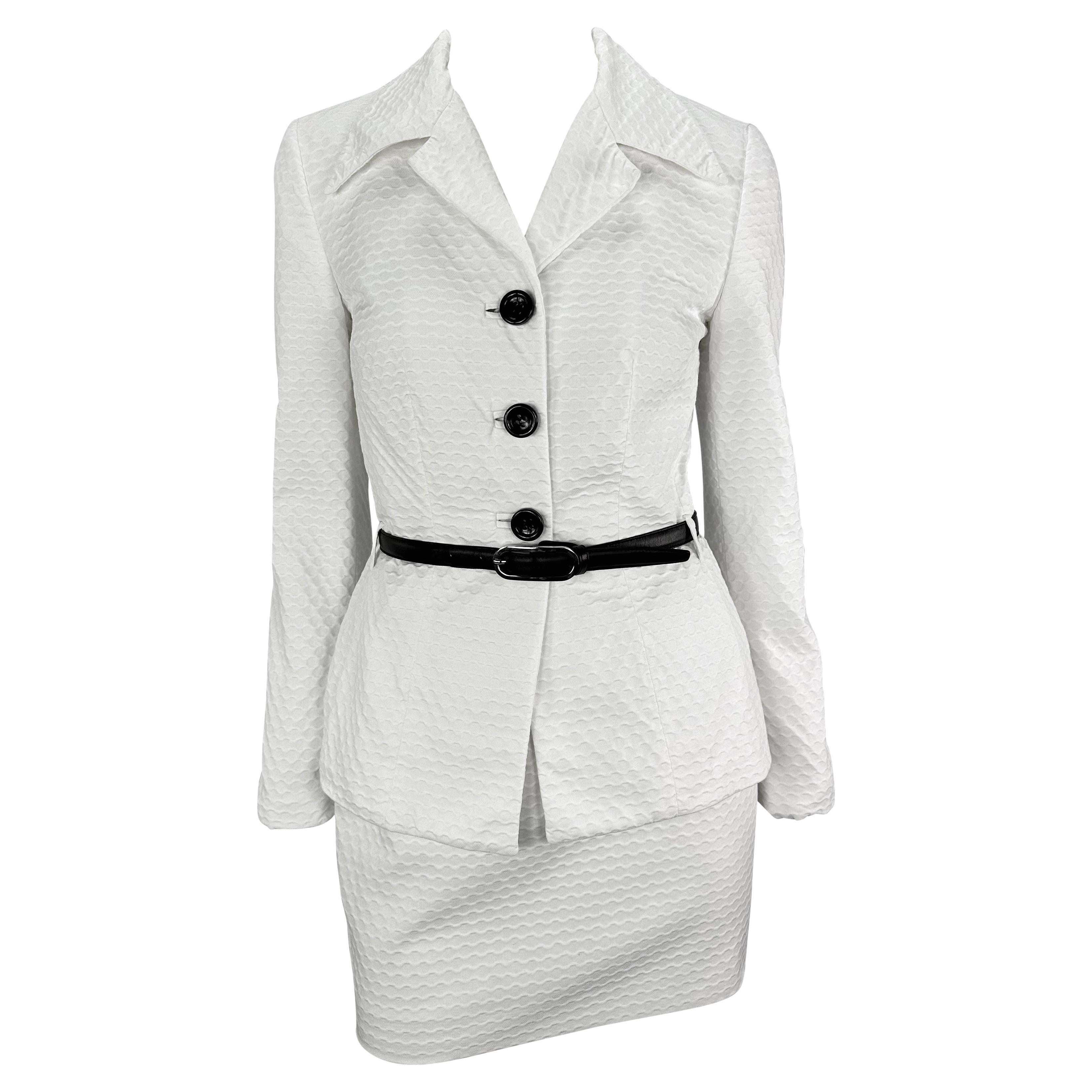 S/S 1995 Dolce & Gabbana Belted White Waffle Knit Mini Skirt Suit For Sale