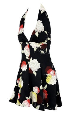S/S 1995 Dolce & Gabbana Black Floral Print Backless Flare Mini Halter Dress