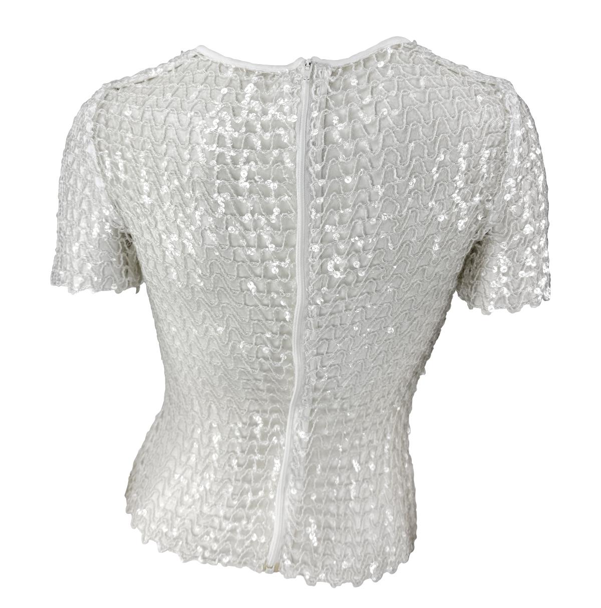 Women's S/S 1995 Dolce & Gabbana Runway Sheer White Knit Clear Sequin T-Shirt Top For Sale