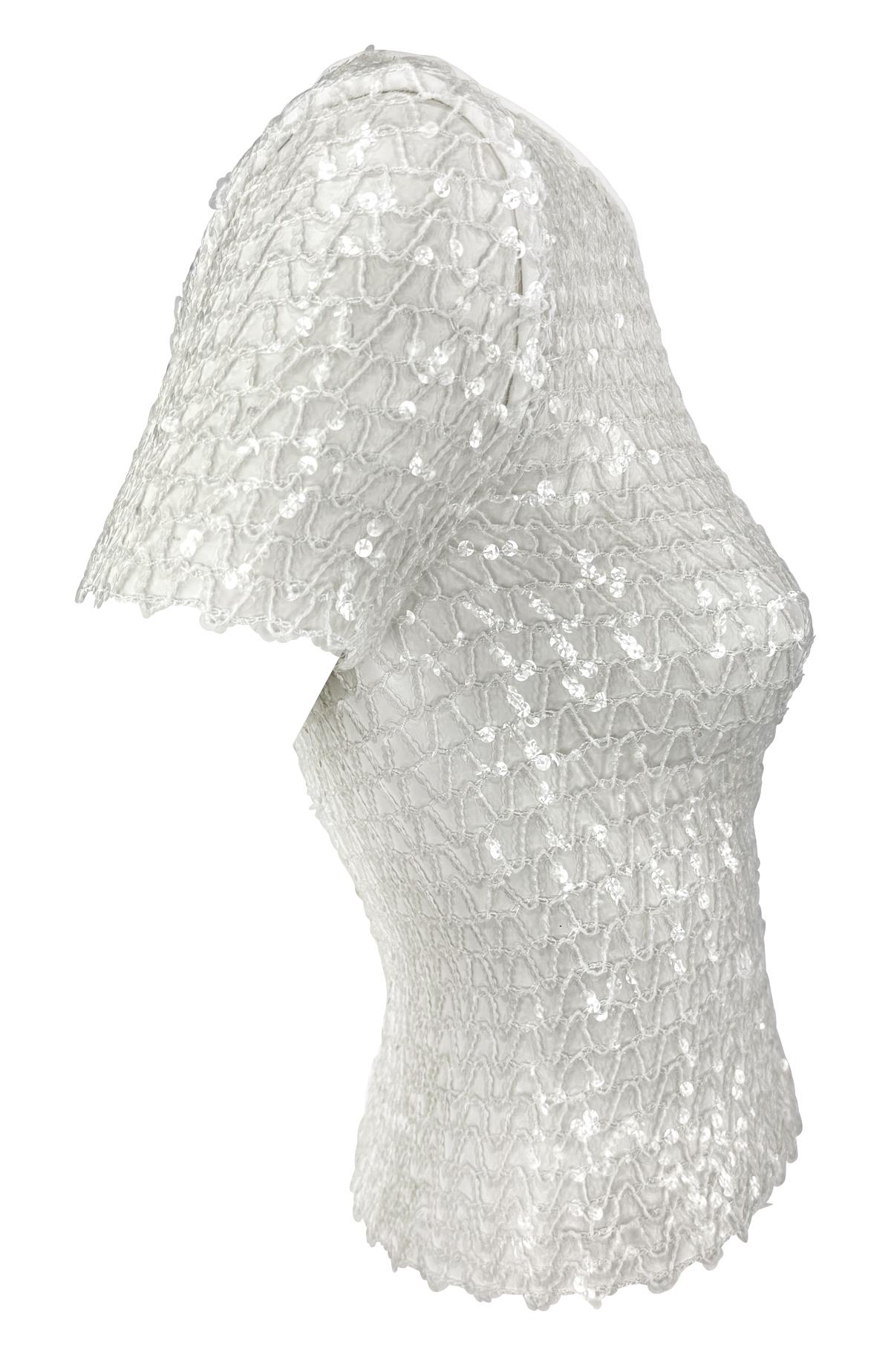S/S 1995 Dolce & Gabbana Runway Sheer White Knit Clear Sequin T-Shirt Top For Sale 1