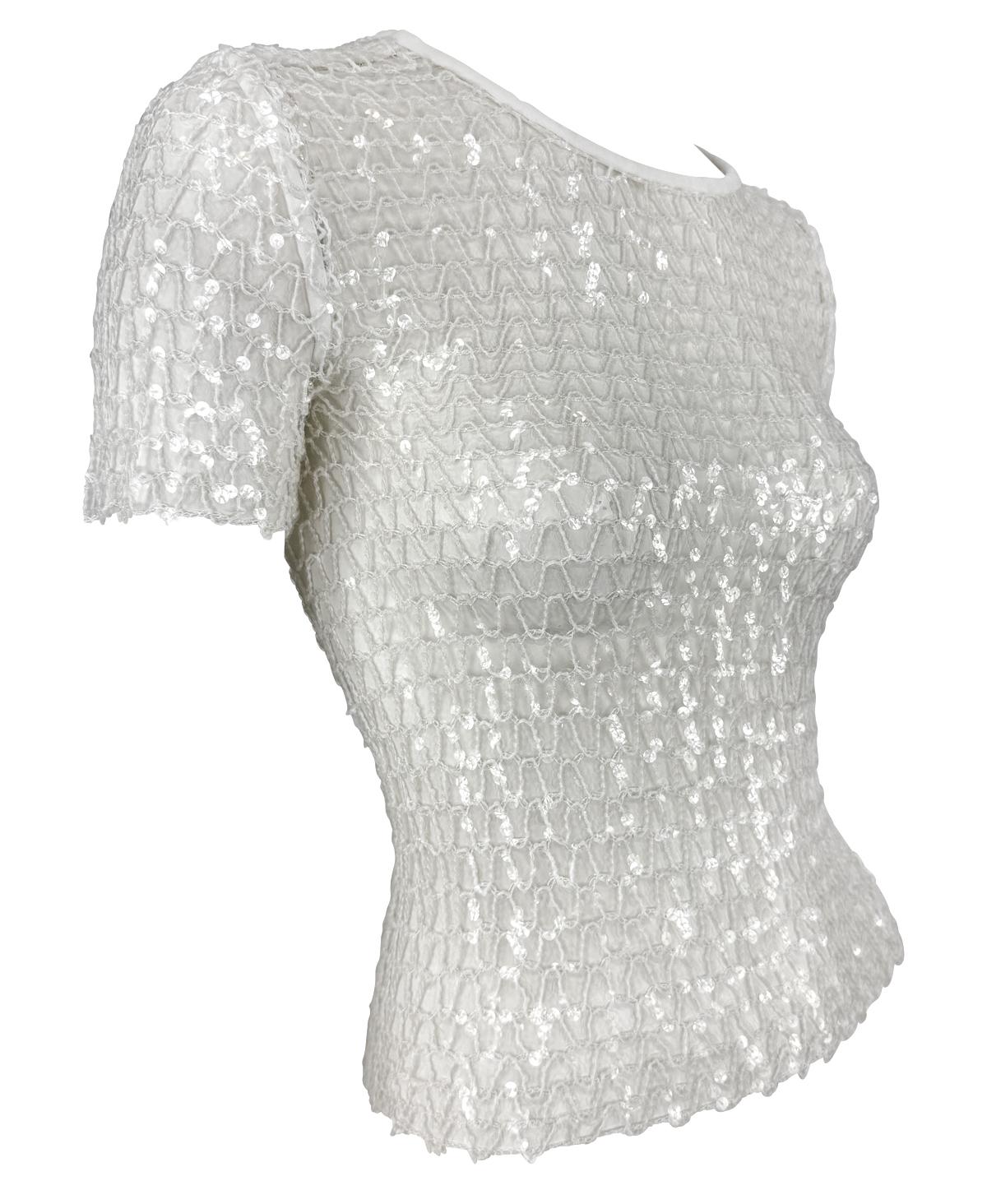 S/S 1995 Dolce & Gabbana Runway Sheer White Knit Clear Sequin T-Shirt Top For Sale 2