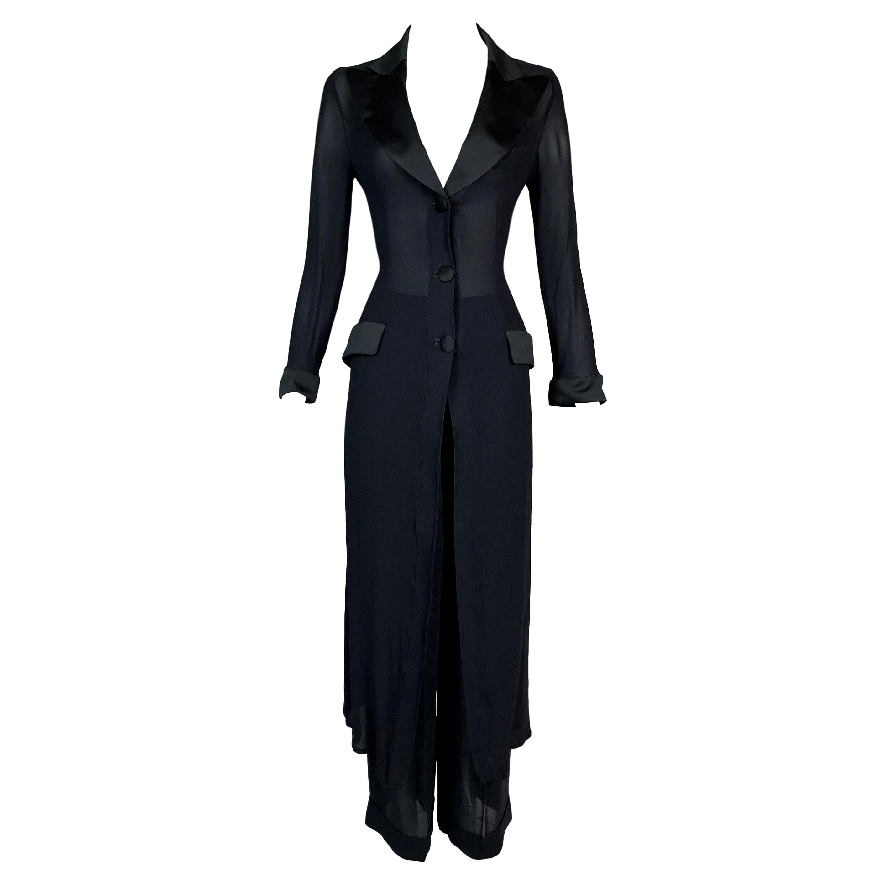 S/S 1995 Dolce & Gabbana Sheer Black Coat Dress & Pant Suit Set