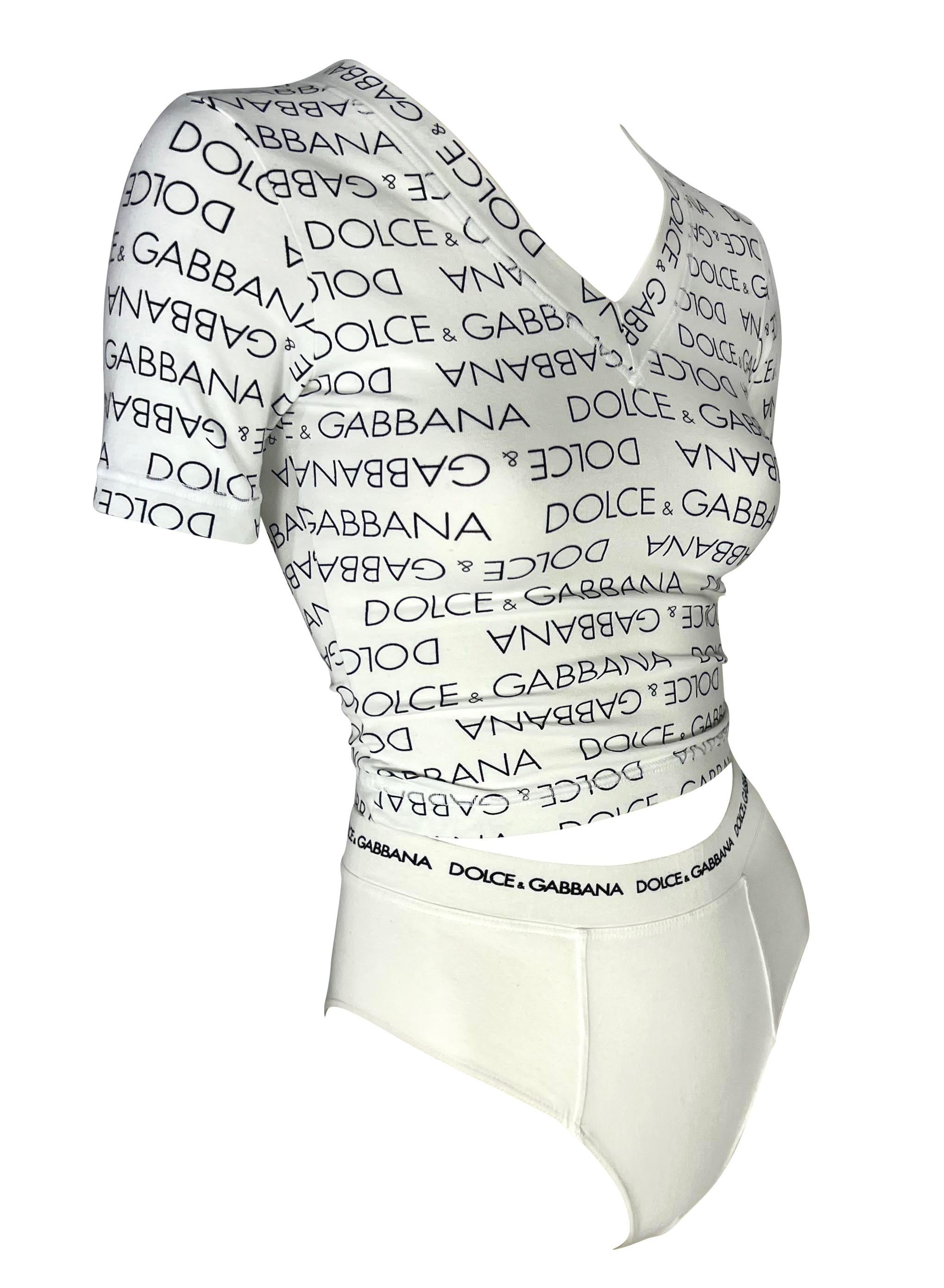 S/S 1995 Dolce & Gabbana White Logo Print Stretch V-Neck Brief Set In Good Condition For Sale In West Hollywood, CA